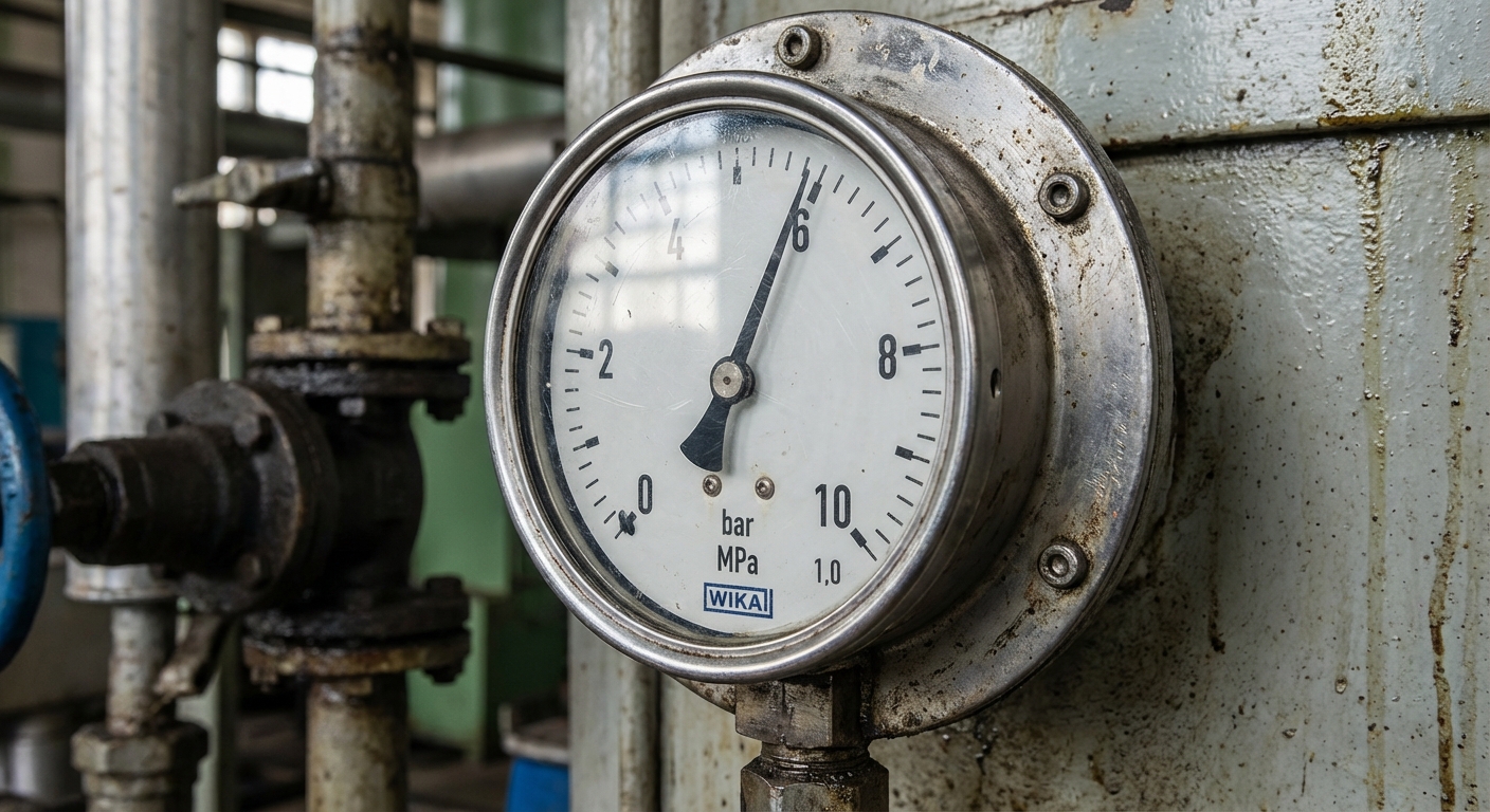 Industrial pressure gauge showing the correct PSI to resolve poor sealing causes in thick laminates.