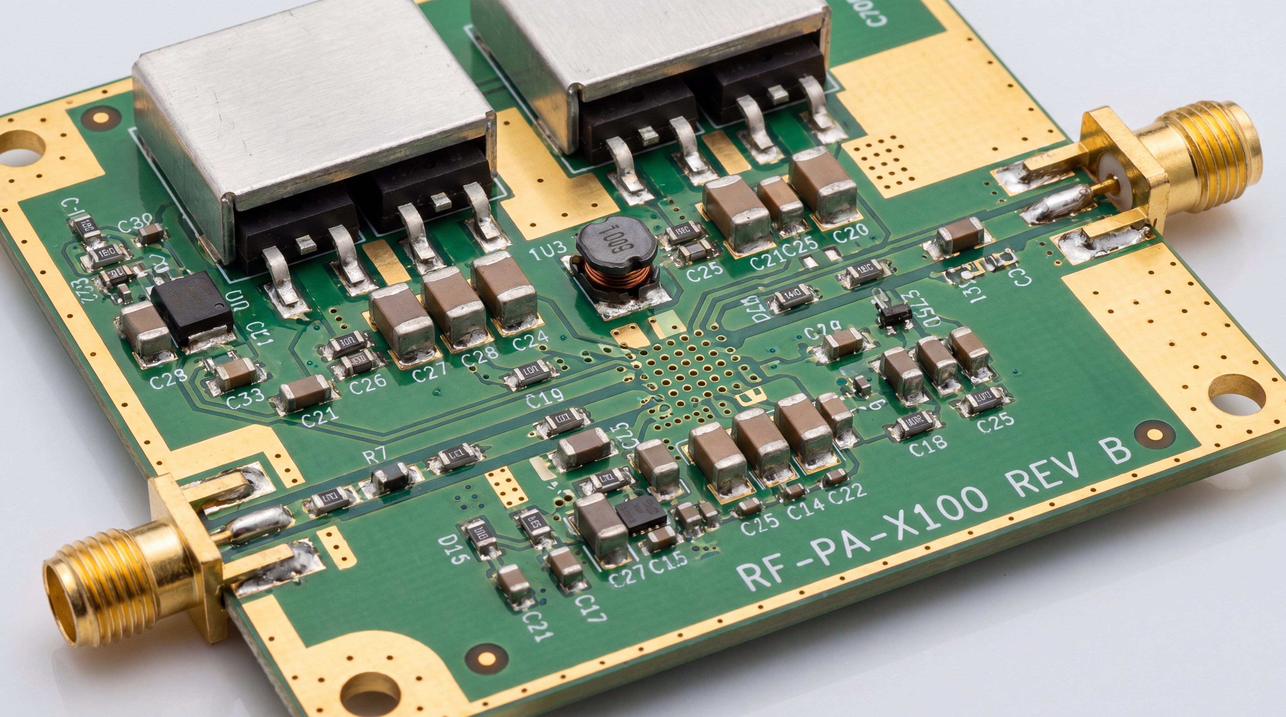 Detailed view of an RF power amplifier circuit board with surface mount components