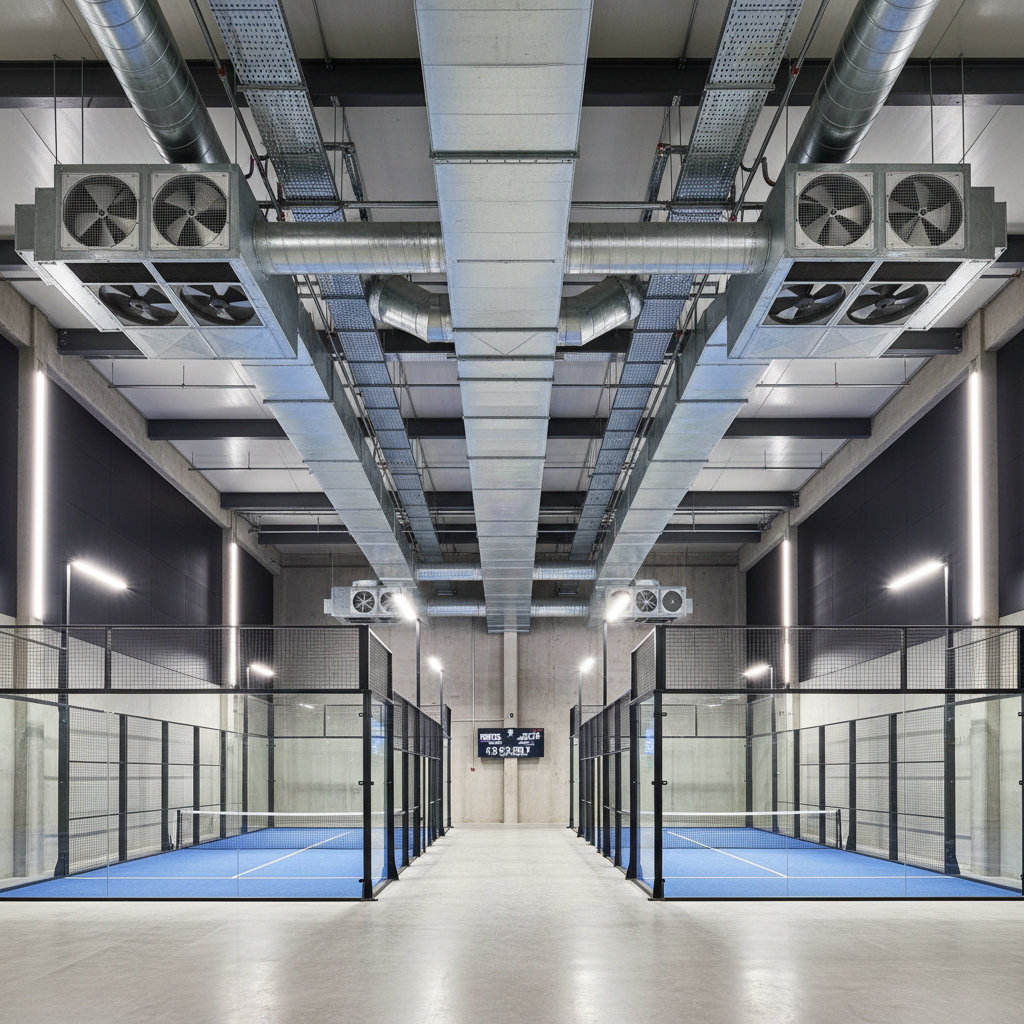 Industrial-grade HVAC and ventilation ducting system designed for climate control in a high-density indoor padel facility.