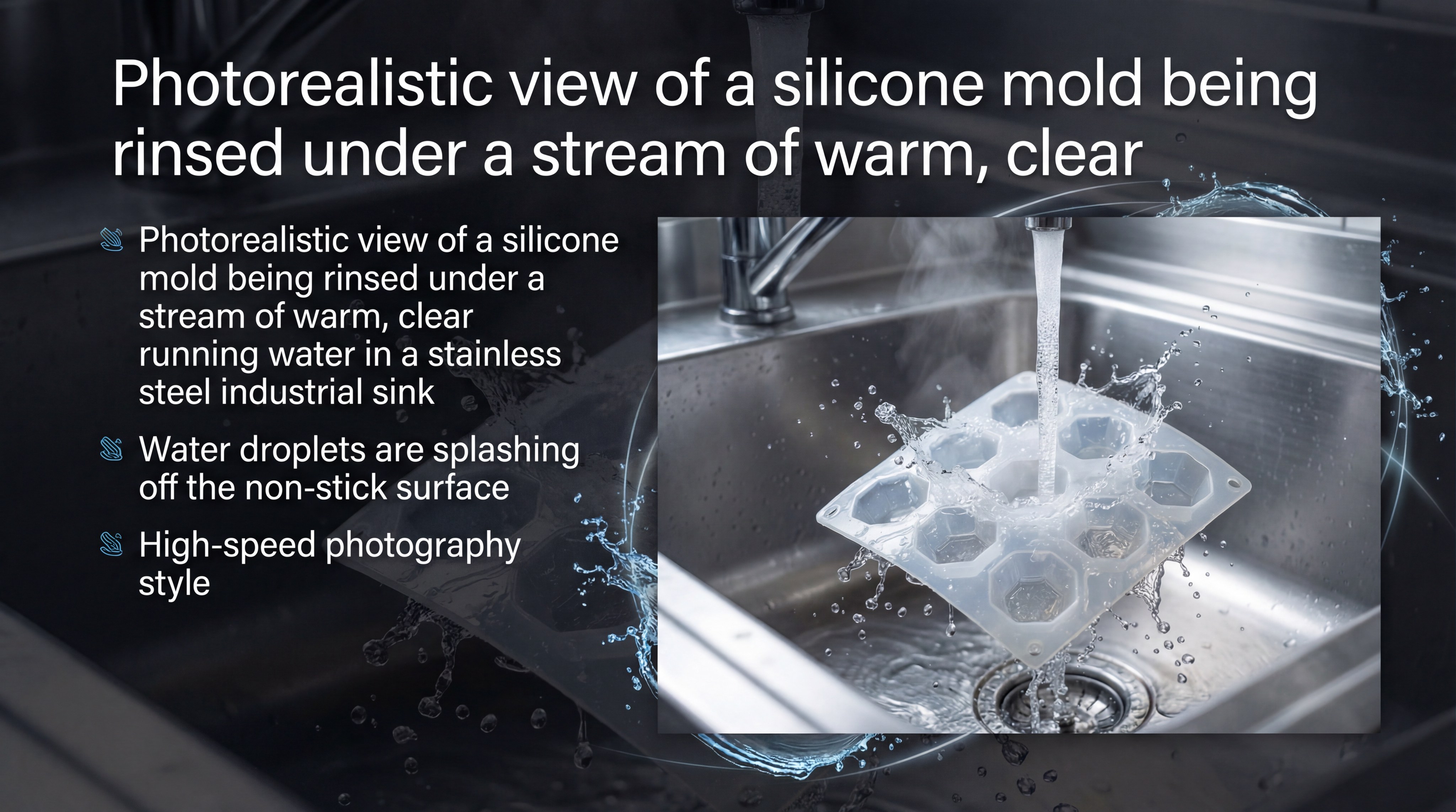 Photorealistic view of a silicone mold being rinsed under a stream of warm, clear running water in a stainless steel industrial sink