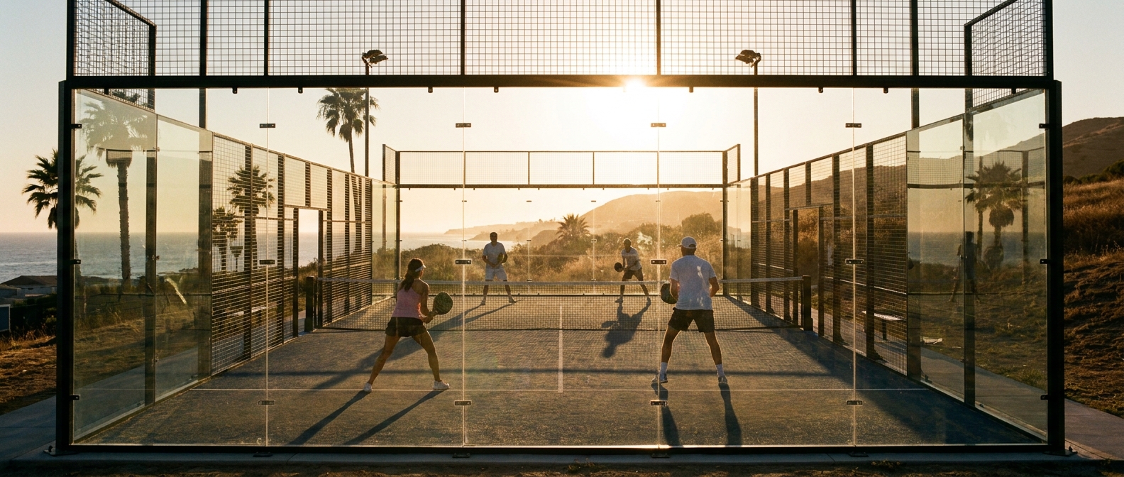 An outdoor padel court at sunset in the California hills, showing players in silhouette to illustrate North-South orientation.