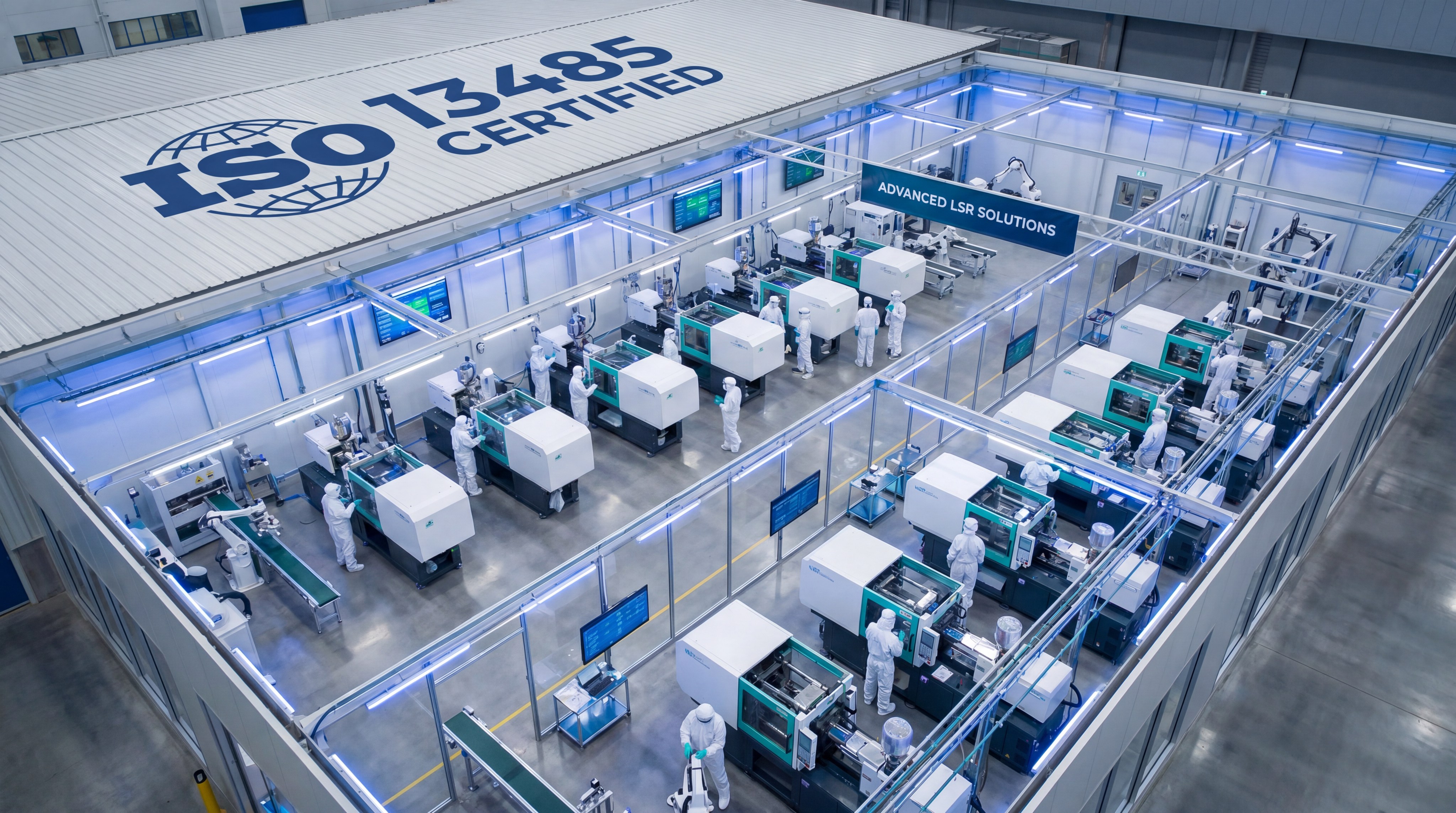 An aerial view of a modern ISO-certified manufacturing facility featuring automated LSR injection machines and technicians in full PPE working in a sterile environment.