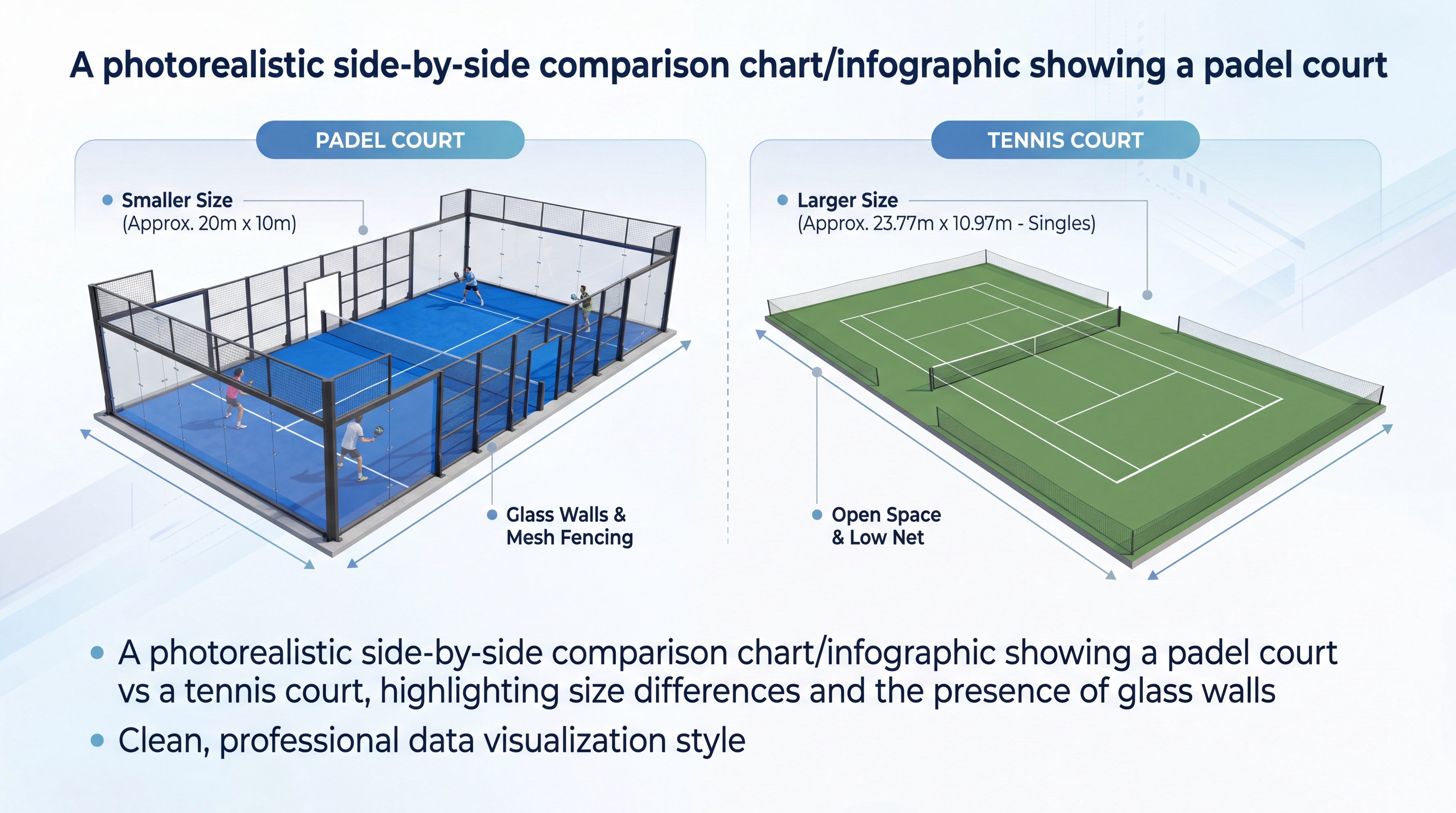A photorealistic side-by-side comparison chart/infographic showing a padel court vs a tennis court