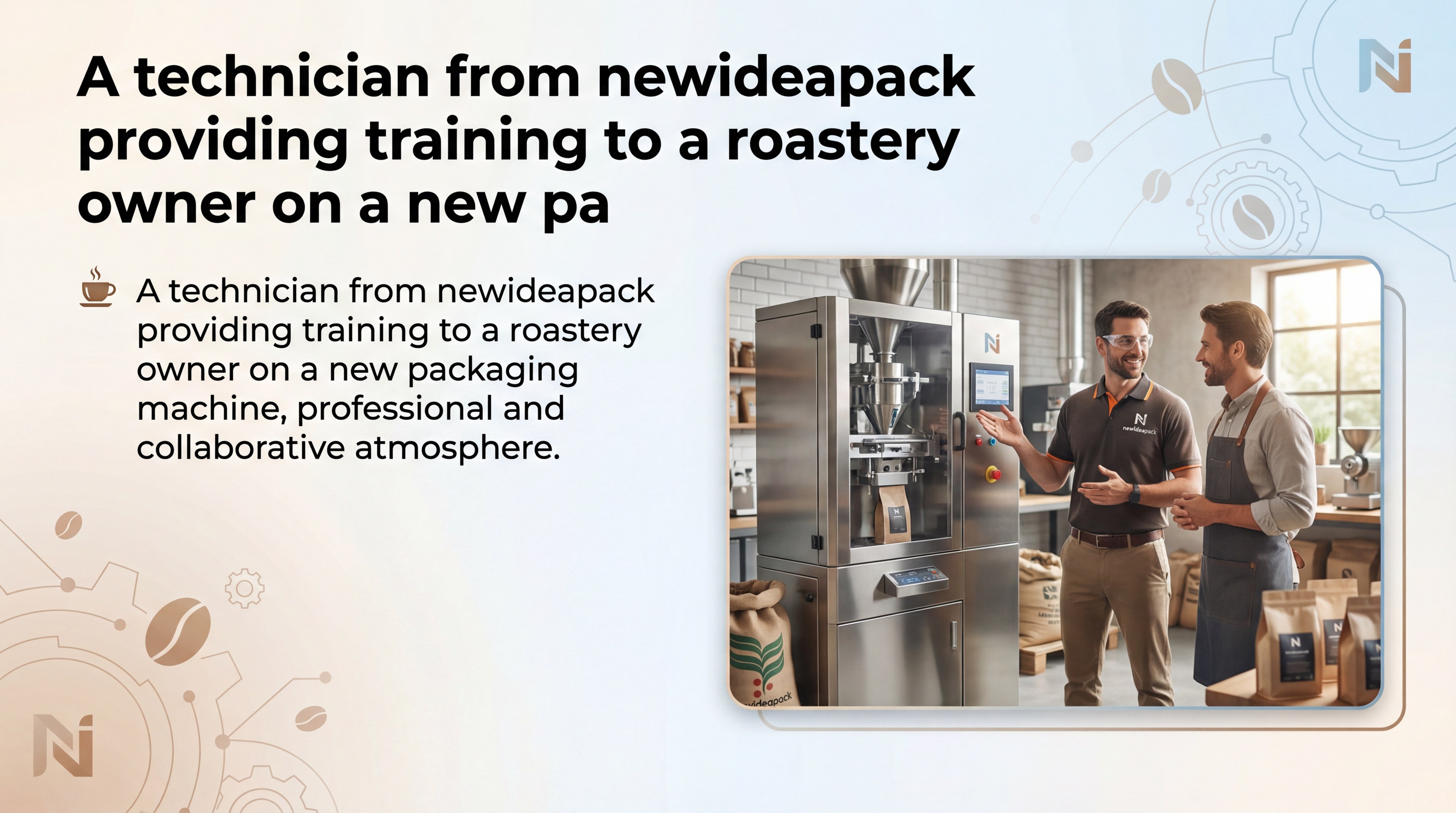 A technician from newideapack providing training to a roastery owner on a new packaging machine