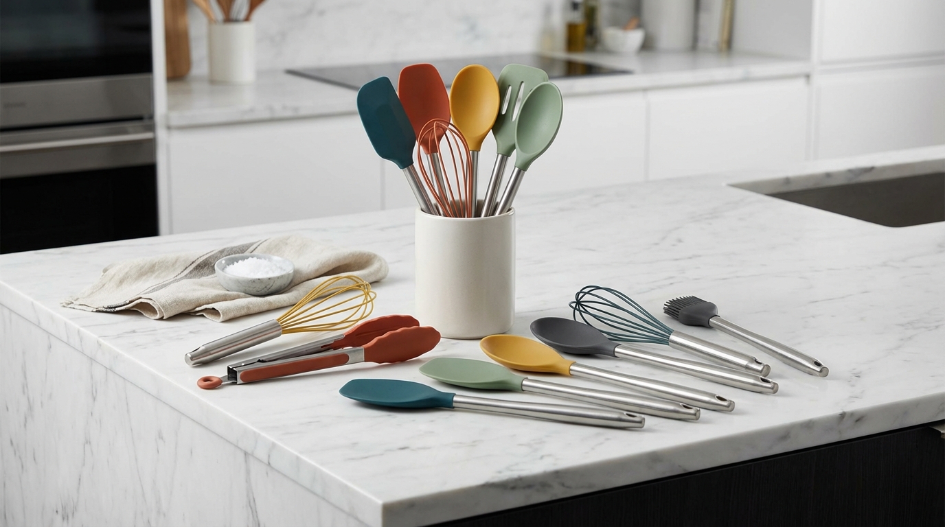 High-quality silicone tongs and a whisk resting on a wooden cutting board with fresh vegetables