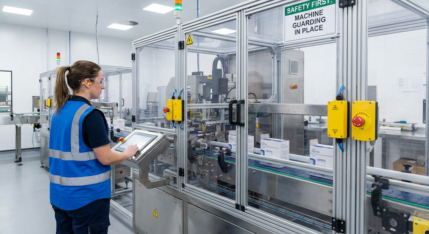 An automatic cartoning machine showing the safety monitoring and integration points with a coffee line.