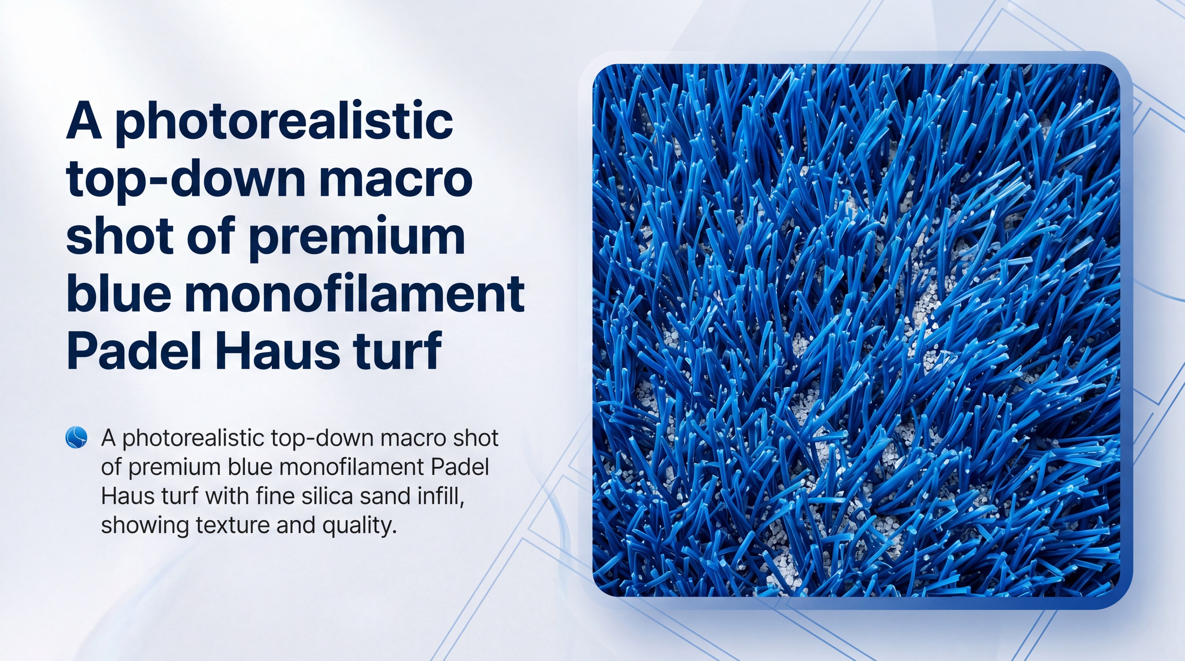 A photorealistic top-down macro shot of premium blue monofilament Padel Haus turf