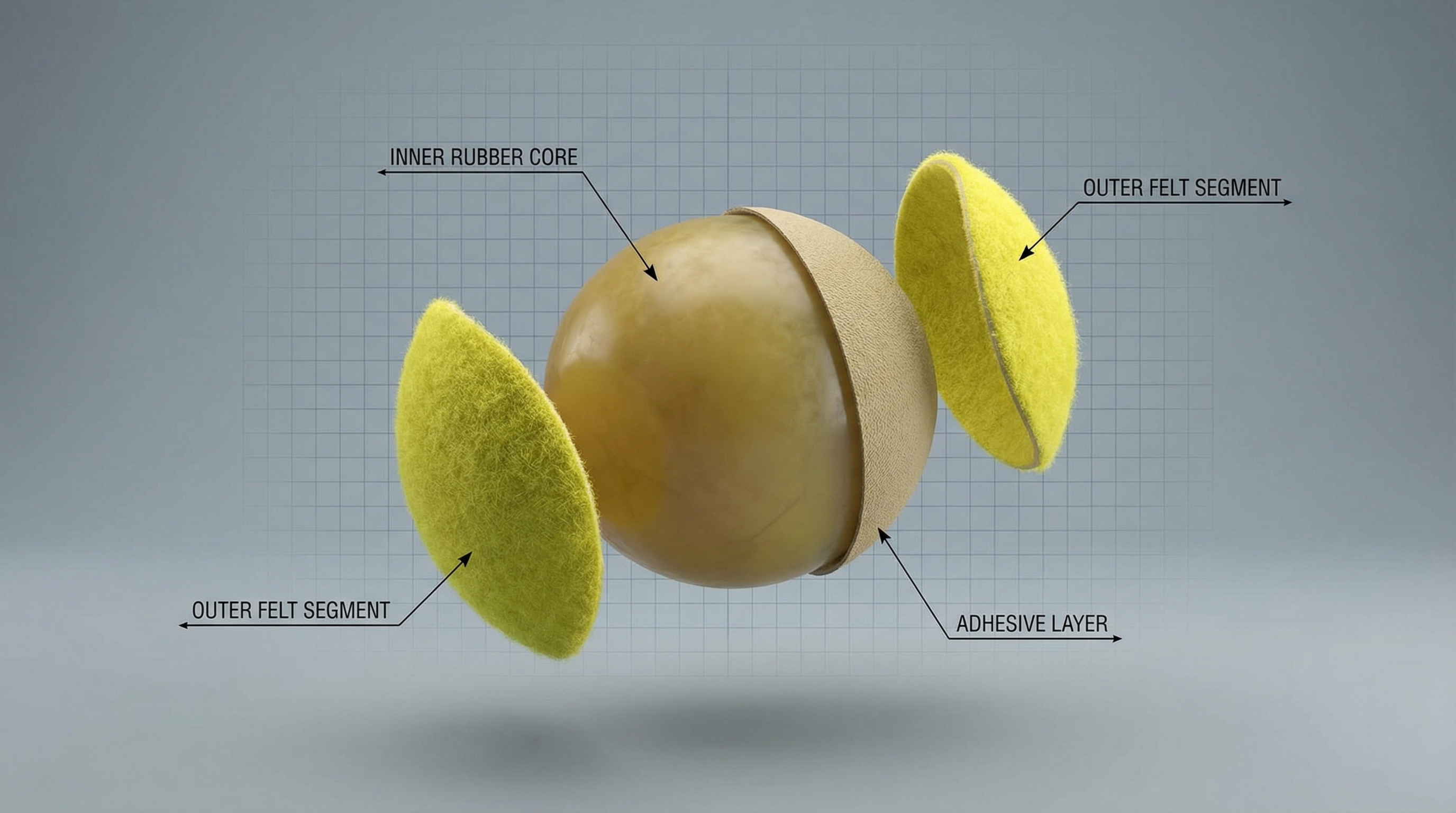 exploded view 3d render of ball core and felt layers