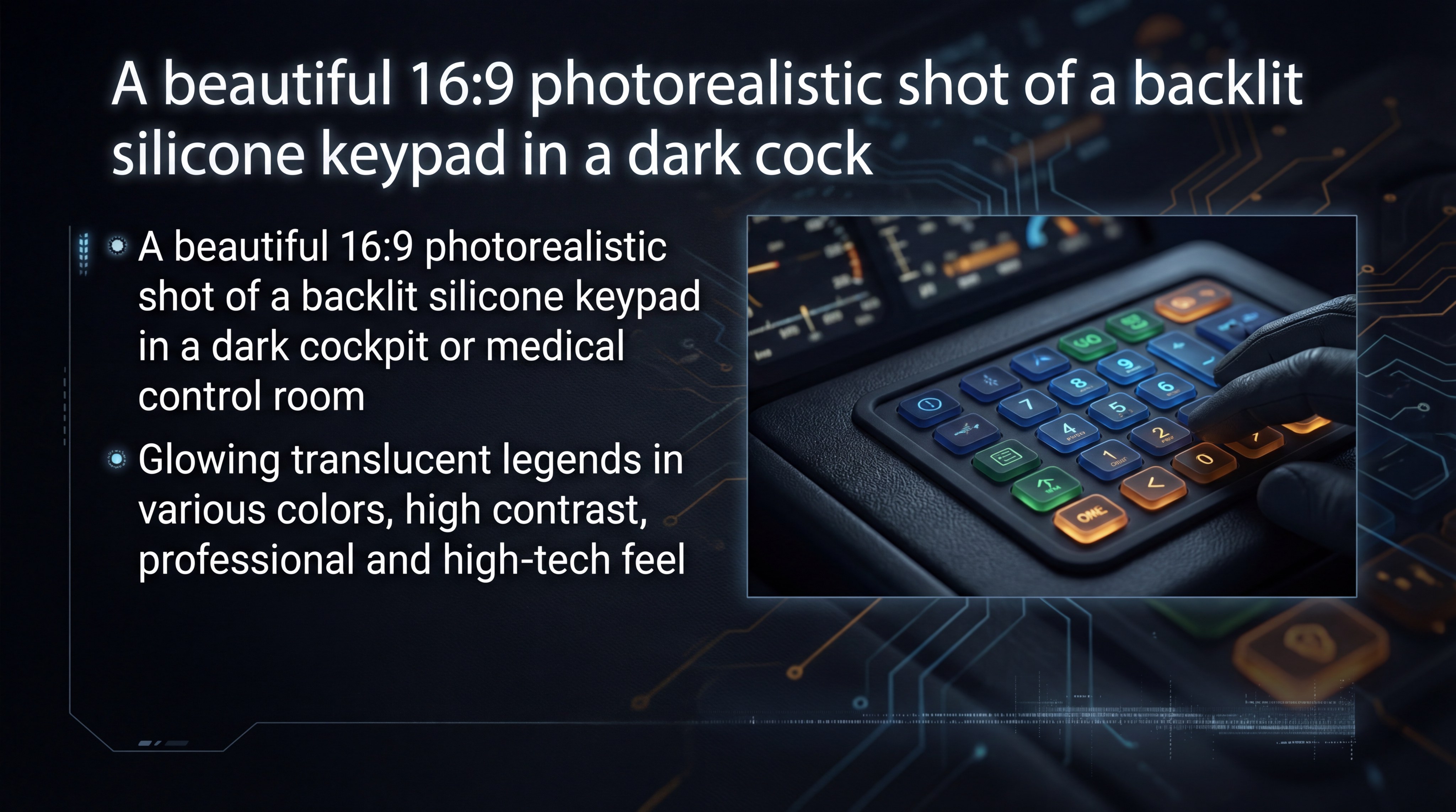 A beautiful 16:9 photorealistic shot of a backlit silicone keypad in a dark cockpit or medical control room with glowing translucent legends.