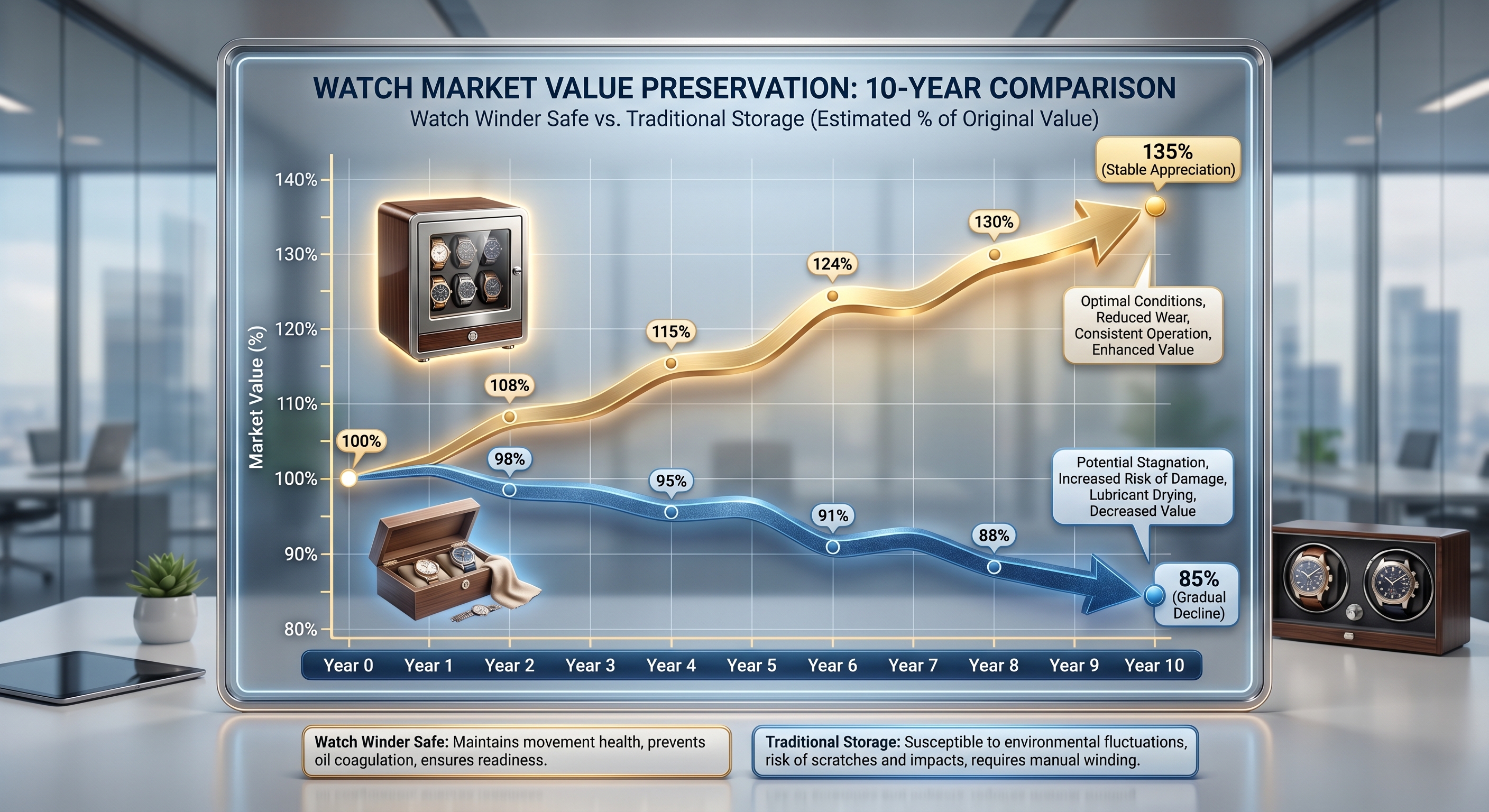 A graph showing watch market value preservation over 10 years comparing a safe versus traditional storage
