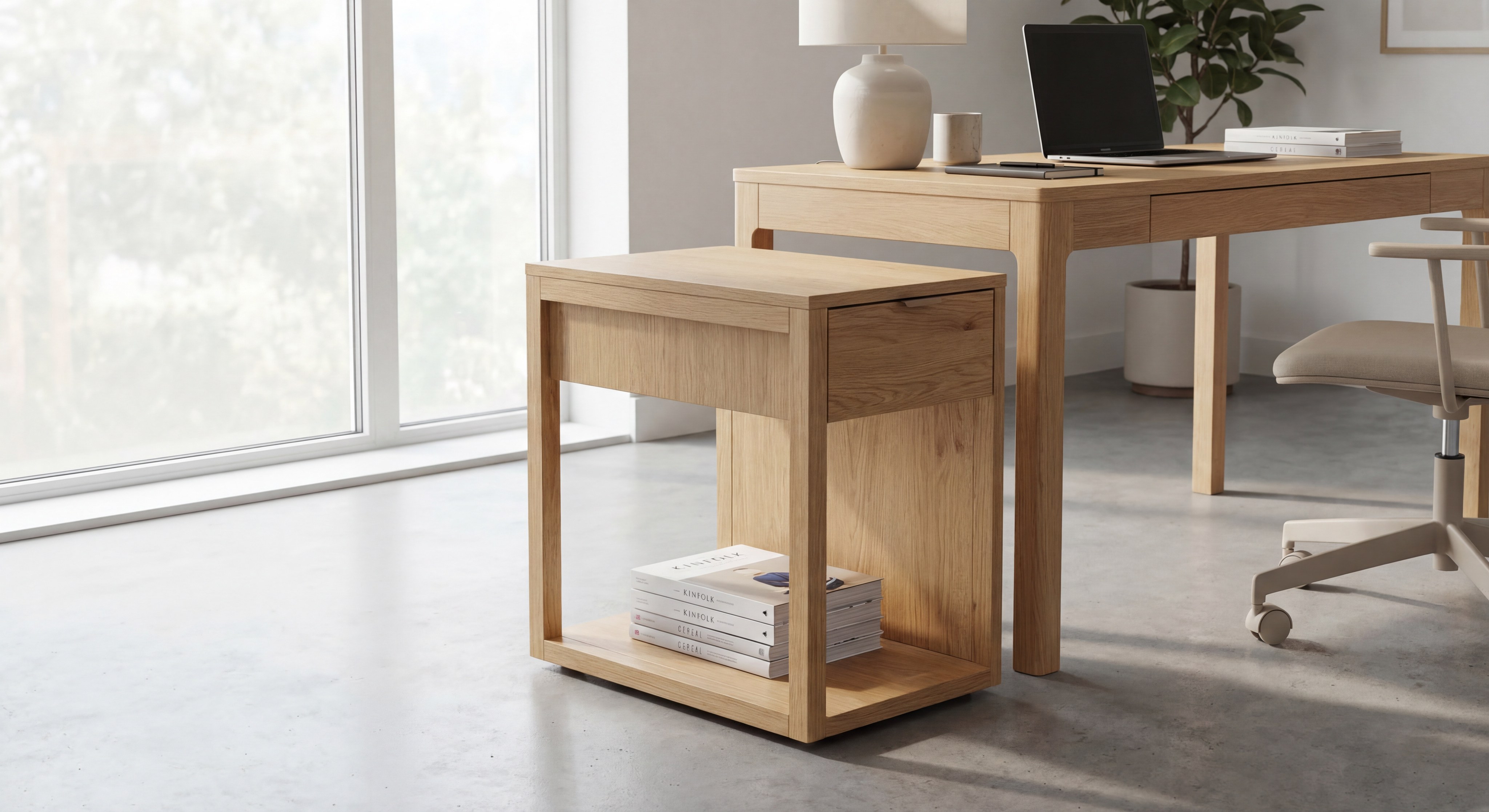 Solid wood side table with a lower shelf and built-in drawer