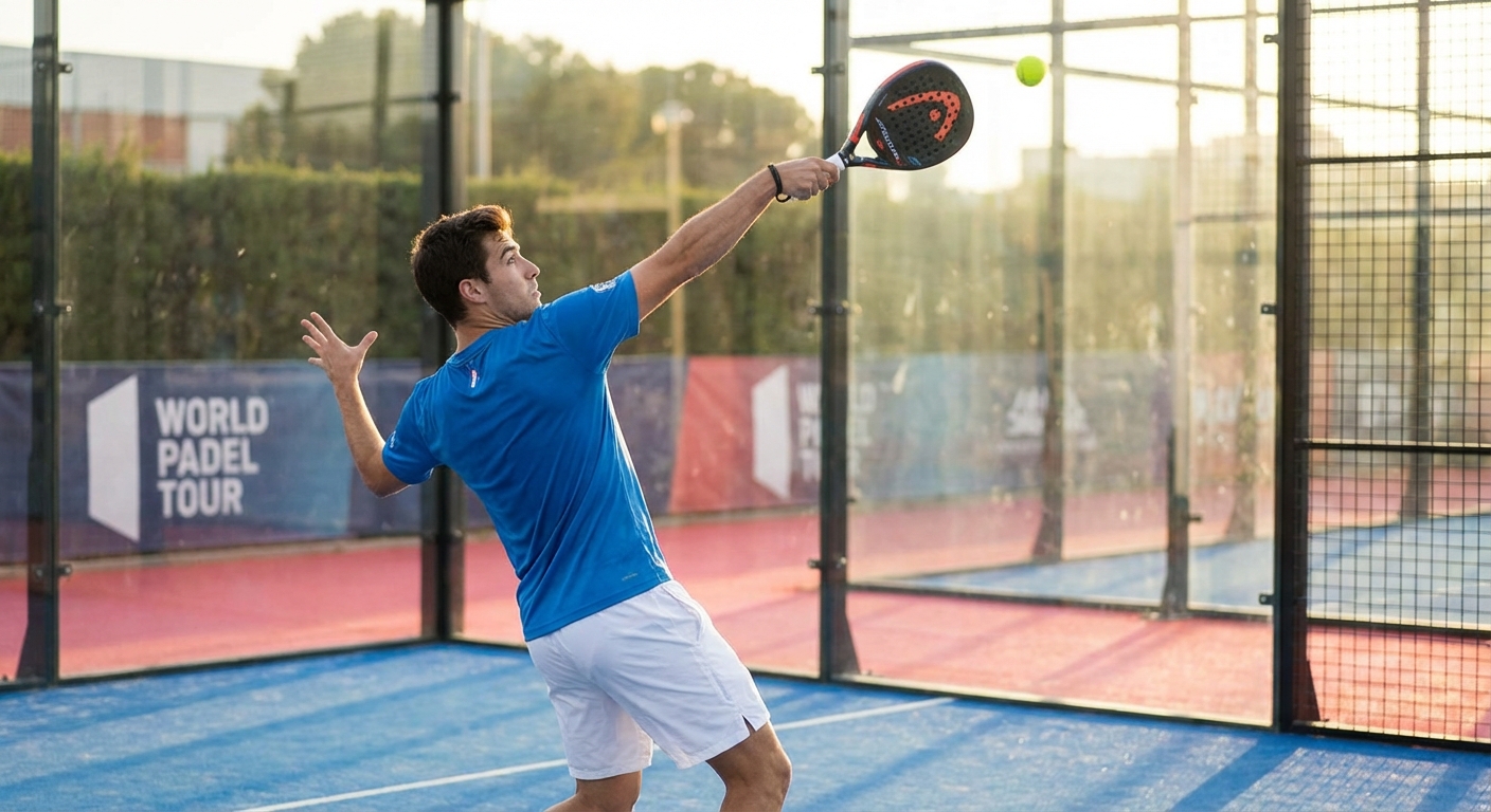 A player on the left side of the court reaching slightly behind their head to hook a gancho