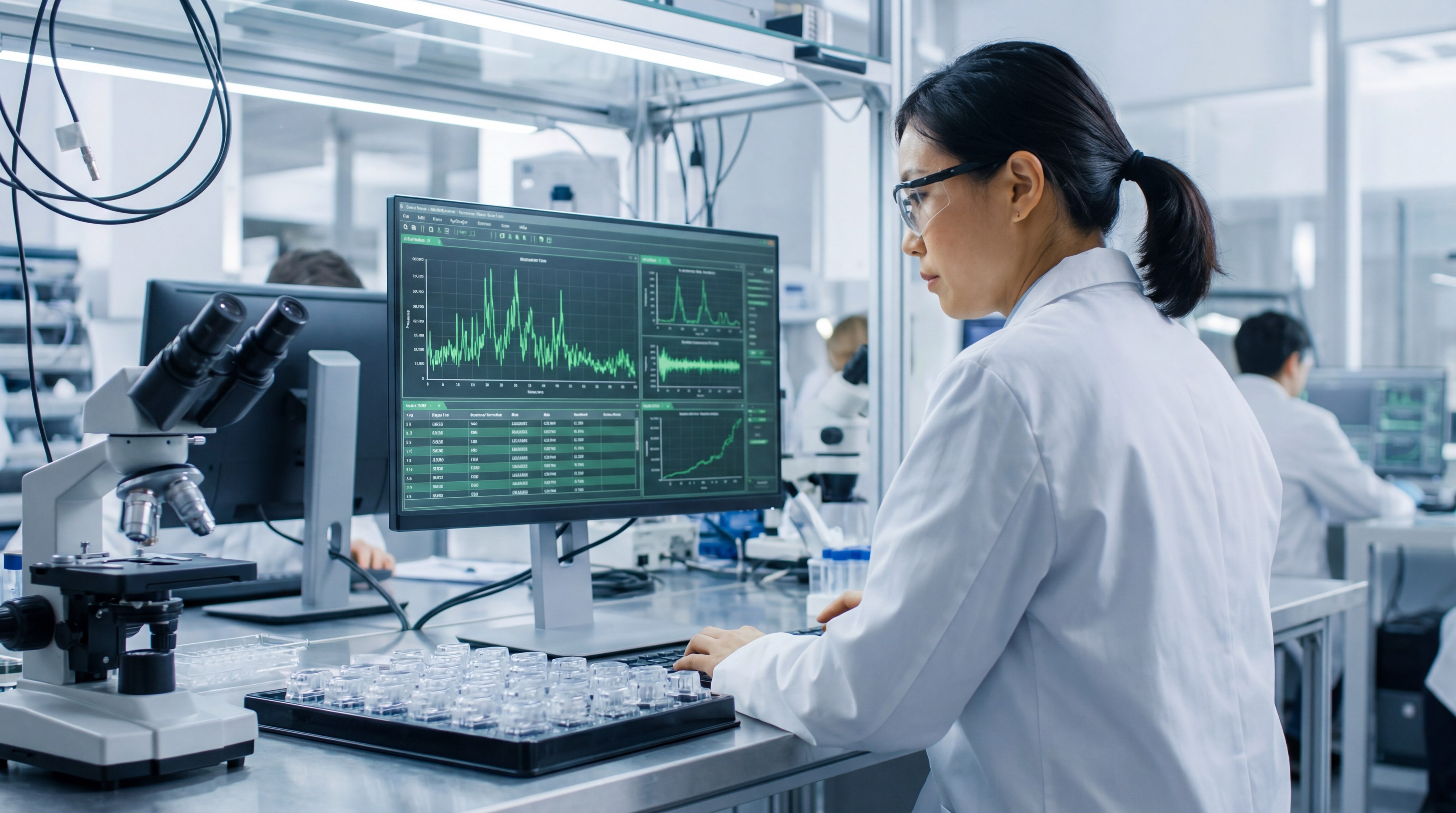 An Asian female engineer checking the computer screen to ensure perfect parts.
