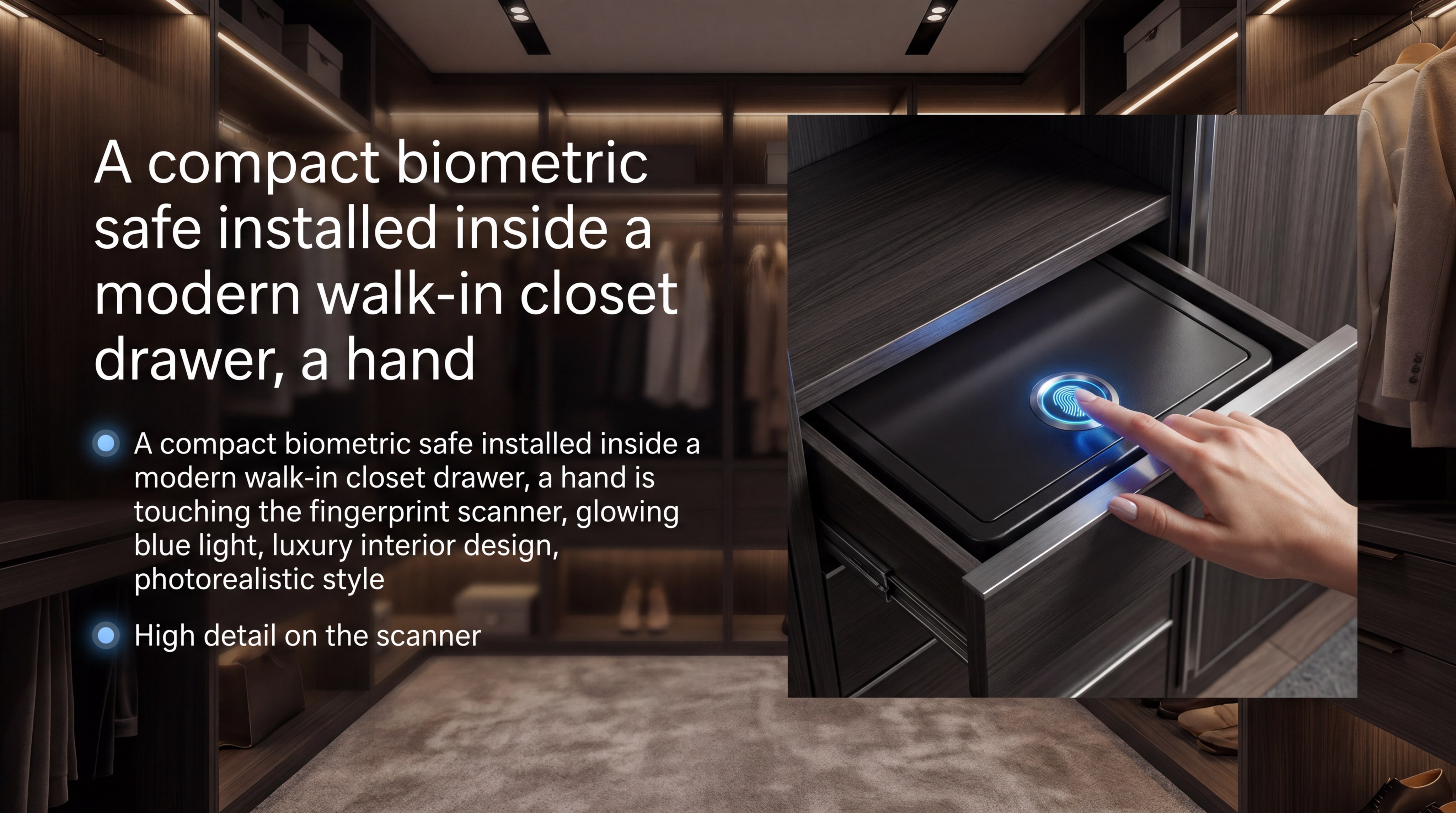 A compact biometric safe installed inside a modern walk-in closet drawer, a hand is touching the fingerprint scanner, glowing blue light, luxury interior design