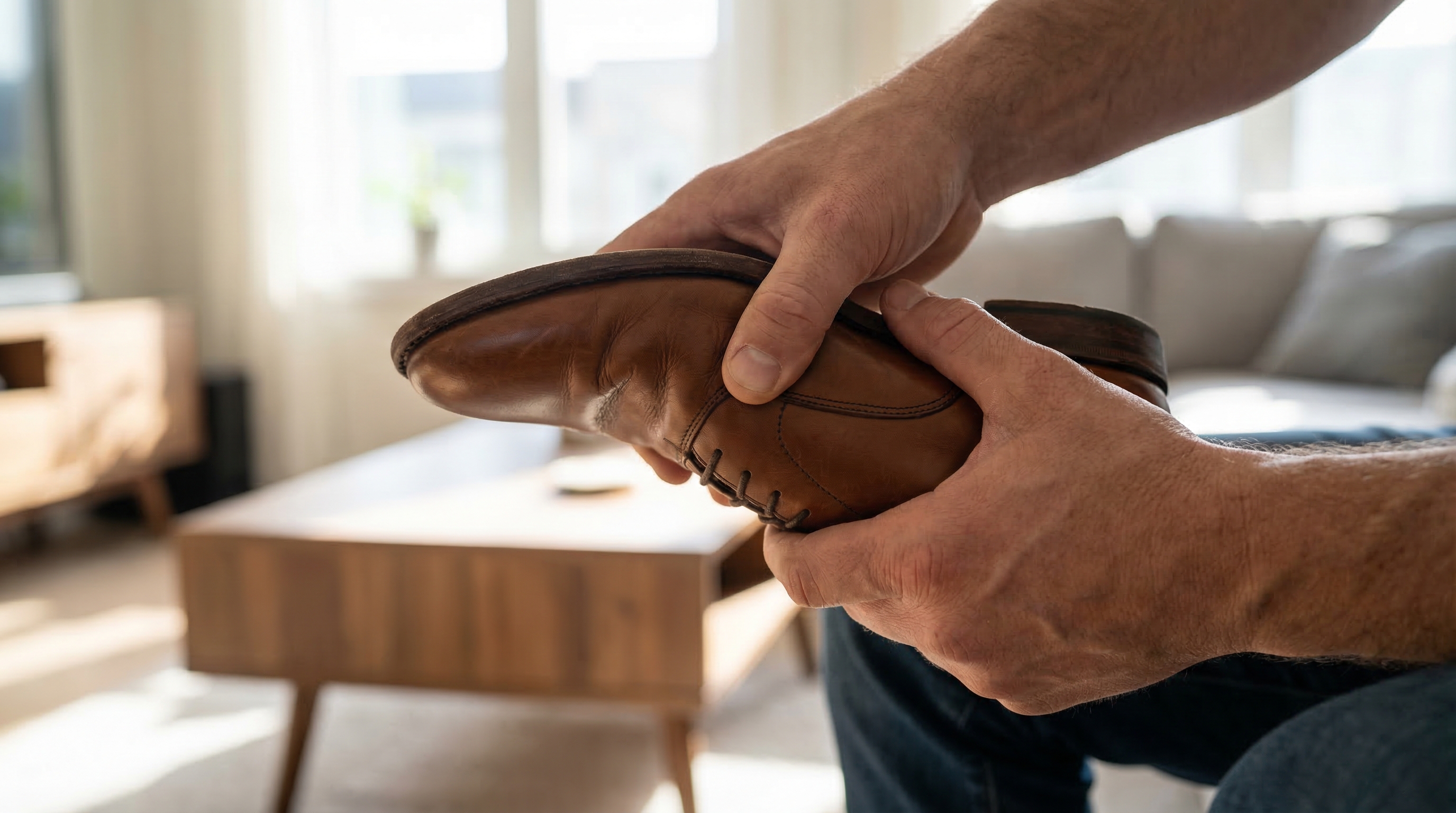 A pair of hands performing a torsional stress test on a brown leather shoe to identify the source of a squeak.