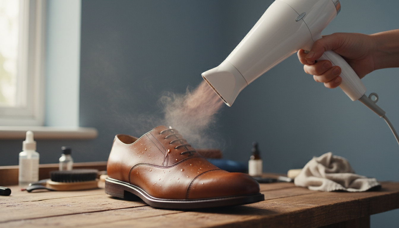 A person using a white hair dryer on a brown leather oxford shoe on a wooden table
