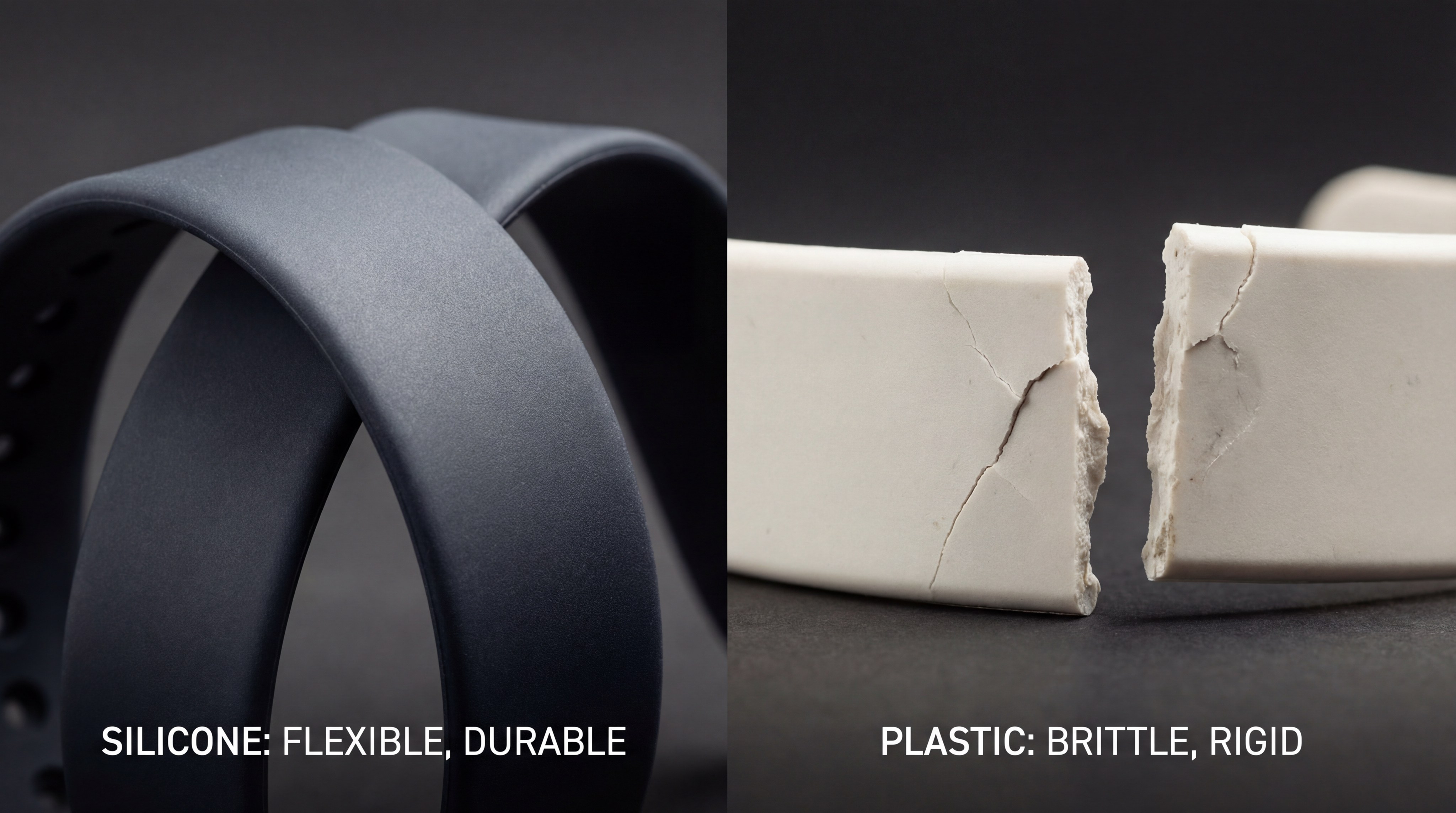 Comparison between flexible silicone and brittle plastic