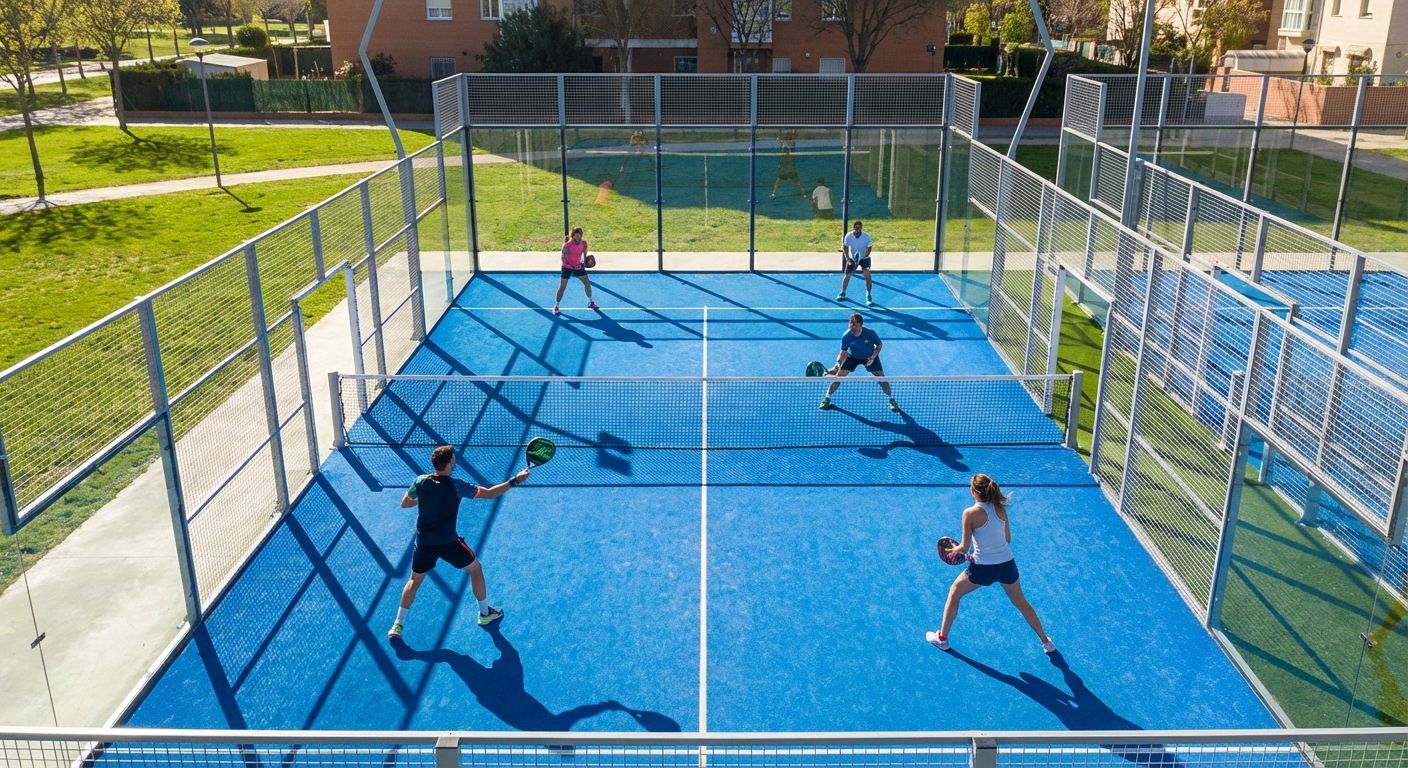A photorealistic, high-angle shot of a vibrant blue padel court during a doubles match.