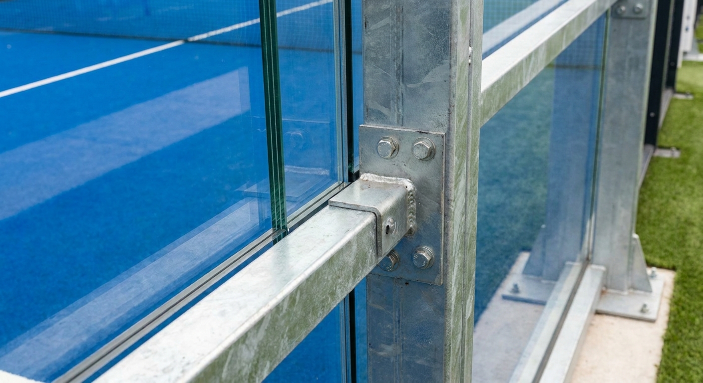 Closeup of a panoramic glass corner on a padel court under a clear sky