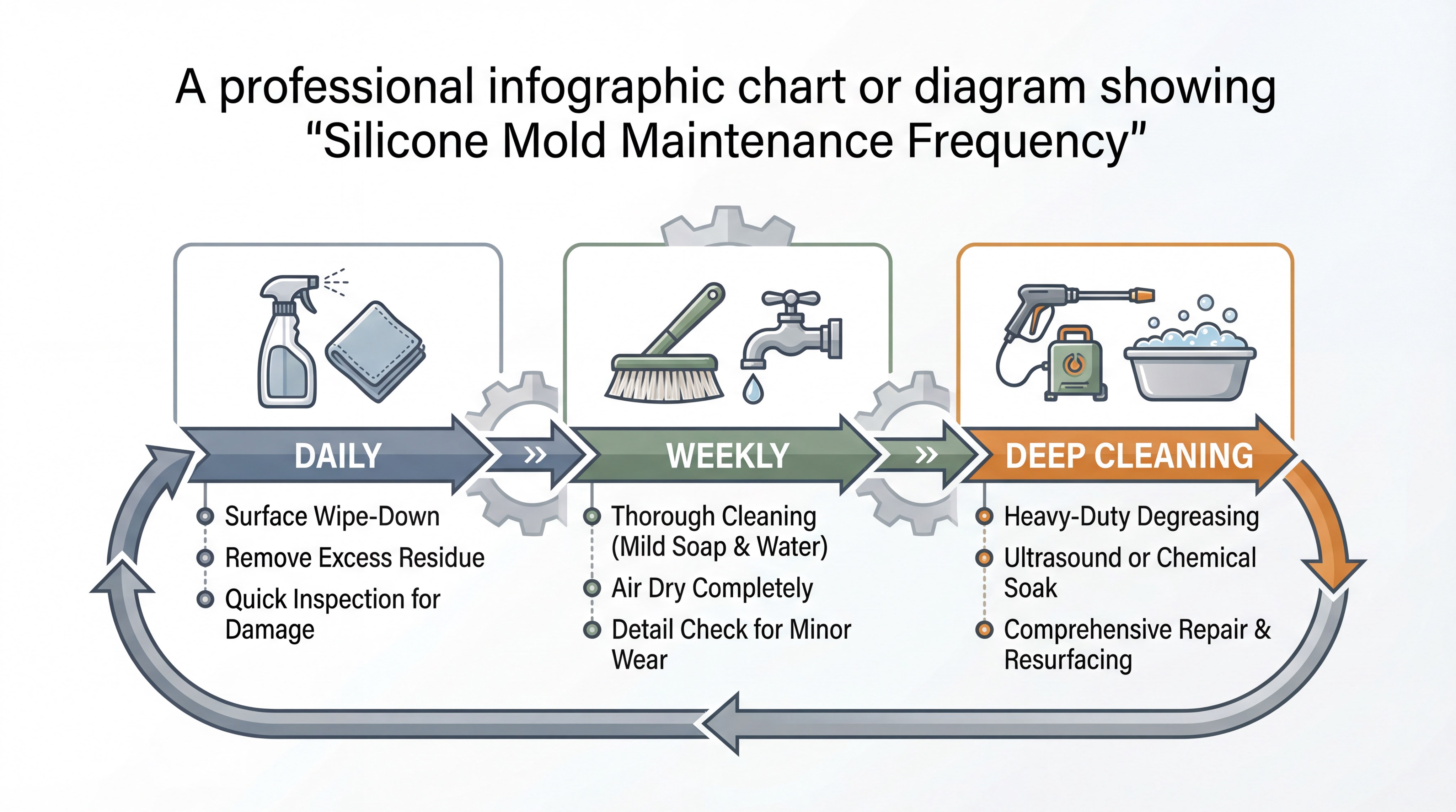 A professional infographic chart or diagram showing "Silicone Mold Maintenance Frequency"