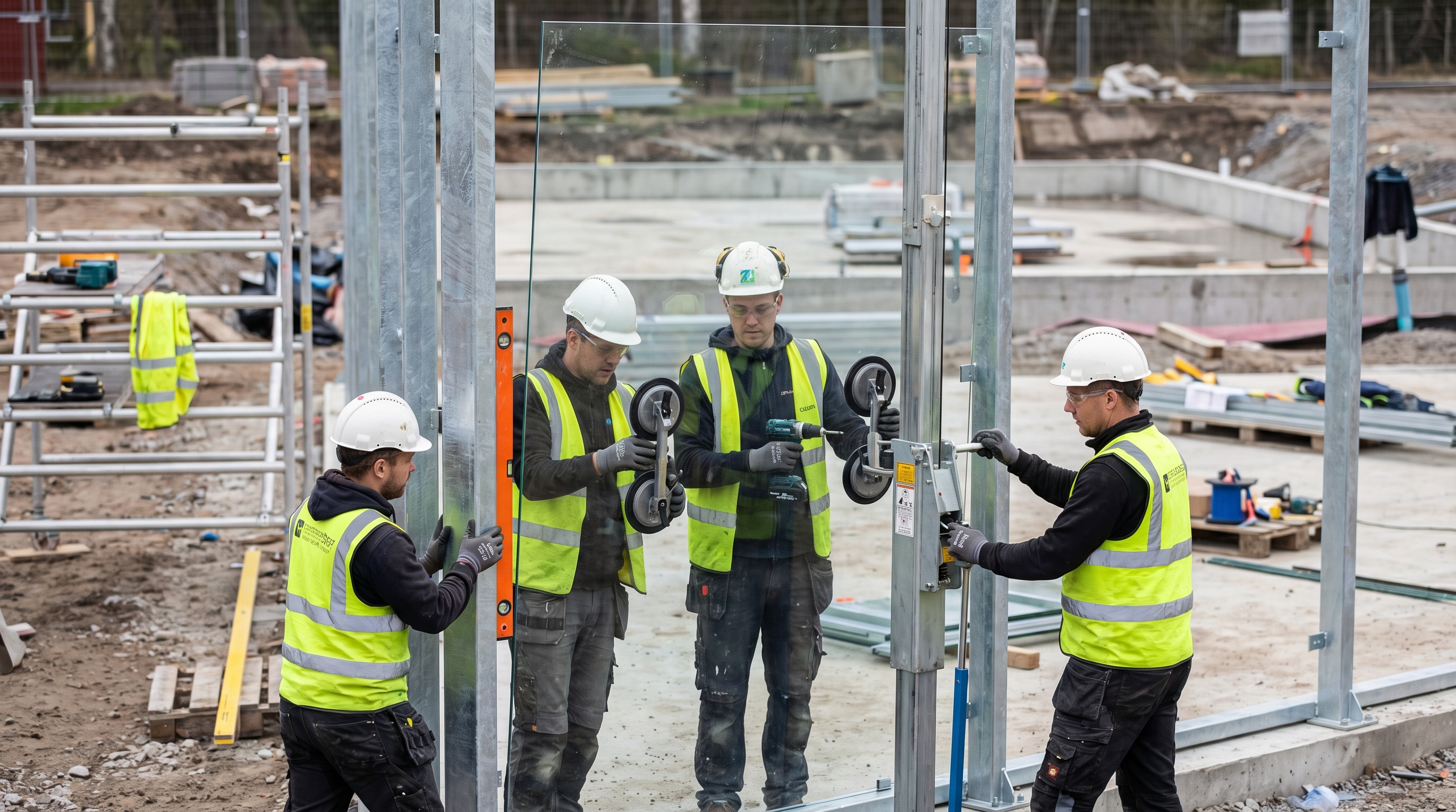Workers installing glass on a padel court