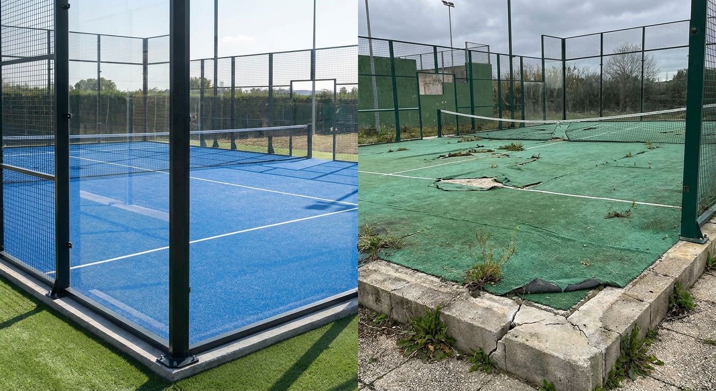 Comparison showing a well-maintained modern court versus a neglected cracked concrete court