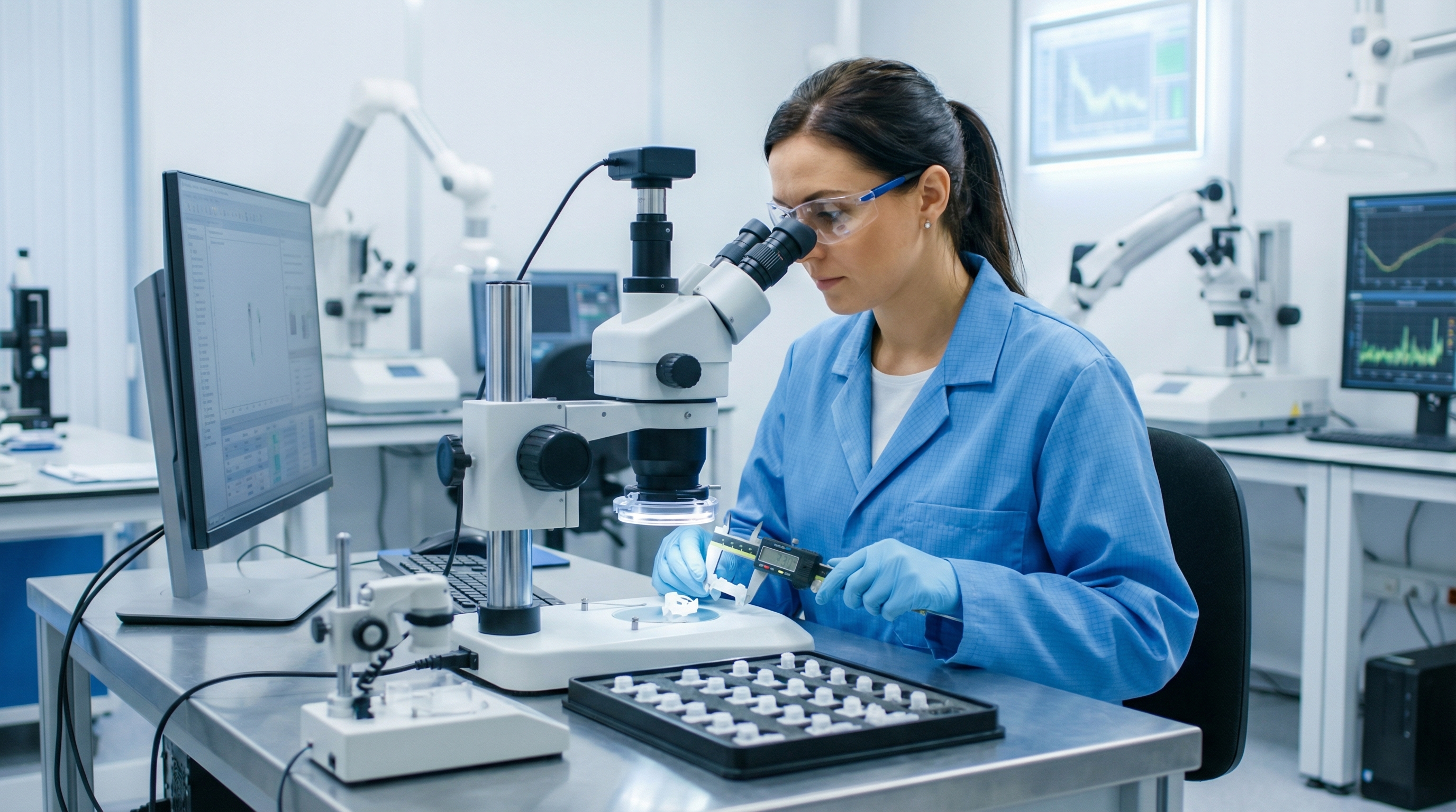 A high-precision measurement tool checking a small plastic part with an Asian technician, photorealistic style
