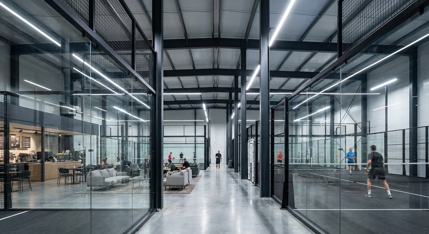 Indoor facility photo highlighting the vertical clearance and LED lighting.