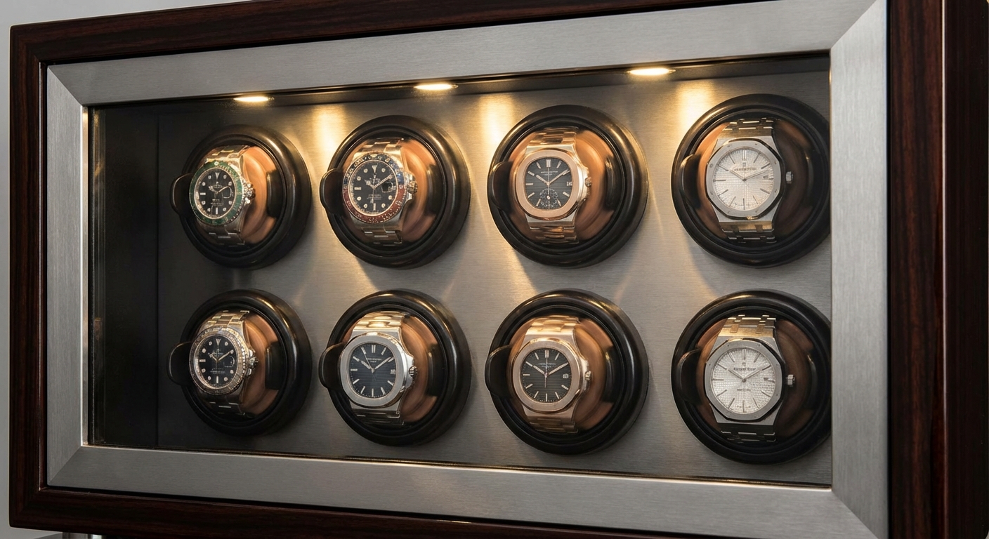 A professional display of eight luxury watches inside a winder safe