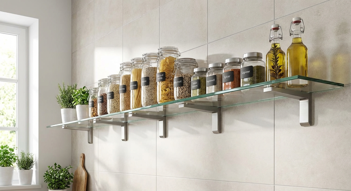 floating glass shelf kitchen display