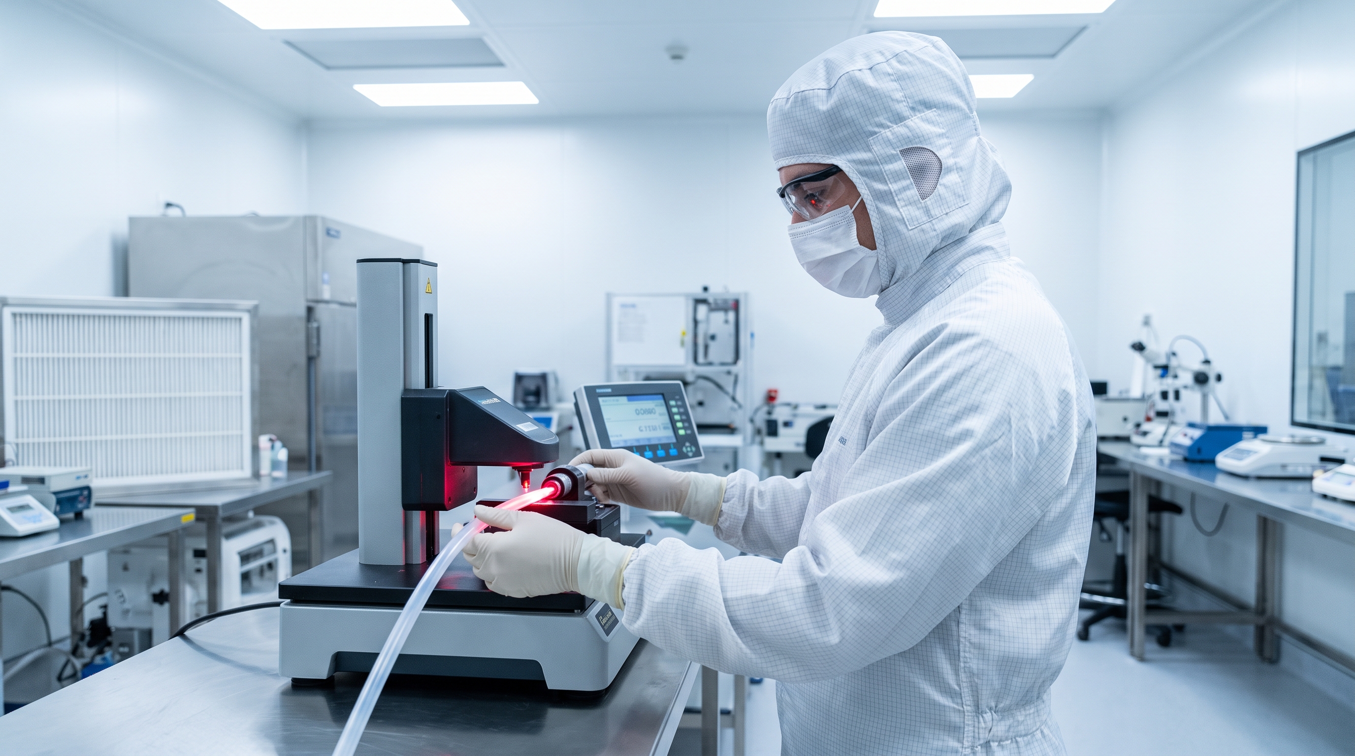 Quality Assurance Specialist Measuring Silicone Tube in Manufacturing Cleanroom