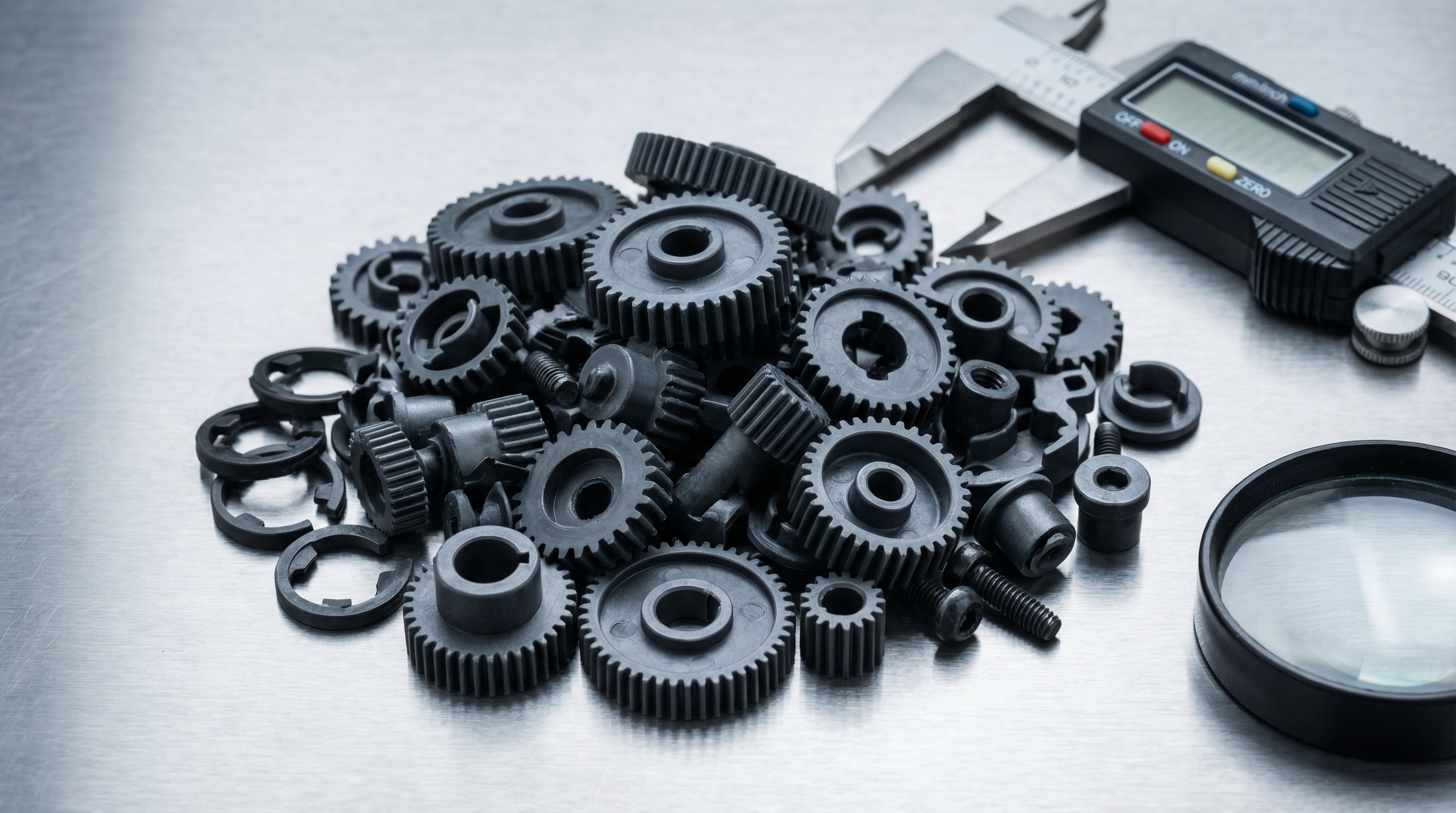 A pile of identical high-precision plastic automotive gears on a clean factory table, photorealistic style