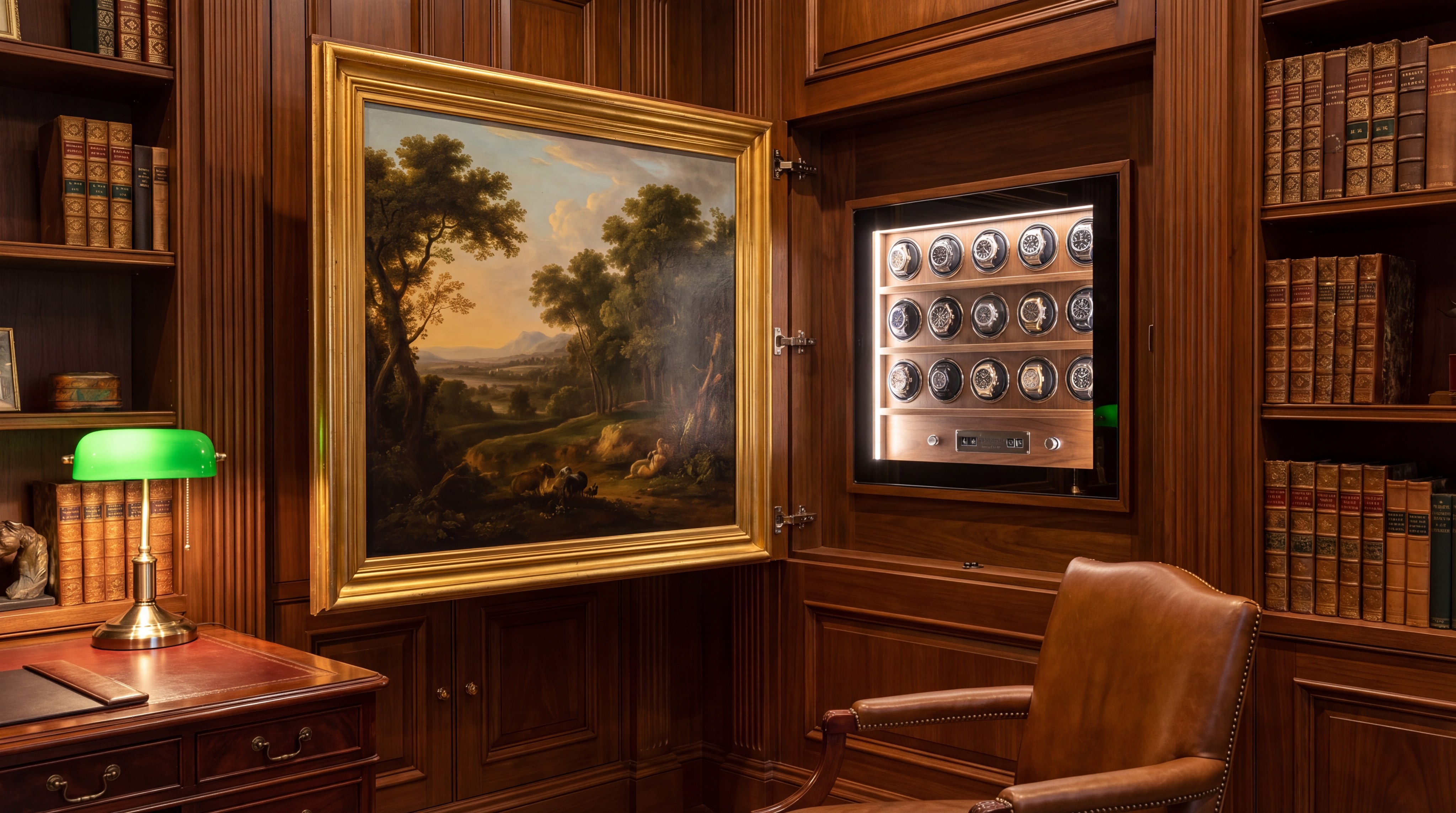 Sophisticated home office where a large oil painting is hinged open, revealing a hidden watch safe.