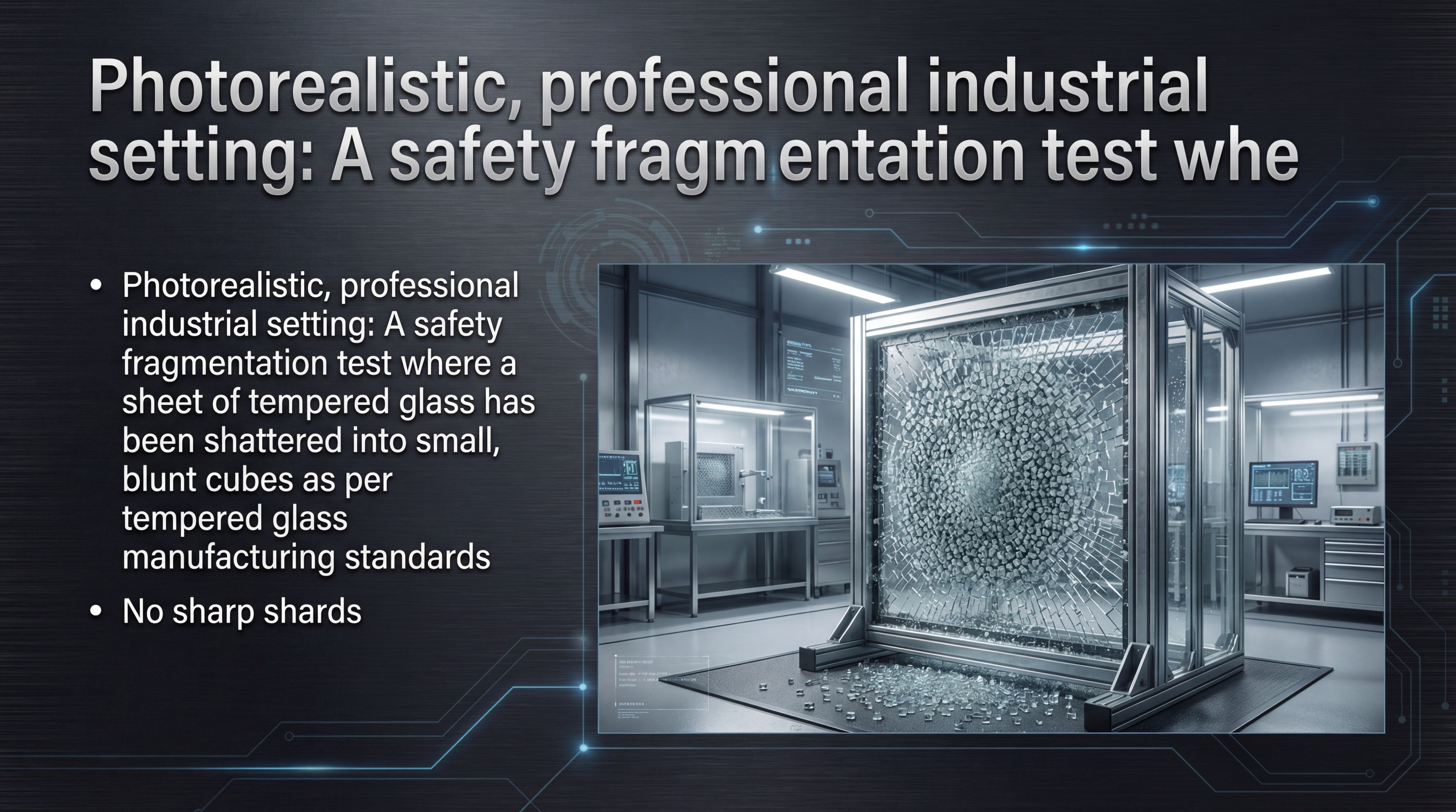 A safety fragmentation test where a sheet of tempered glass has been shattered into small, blunt cubes