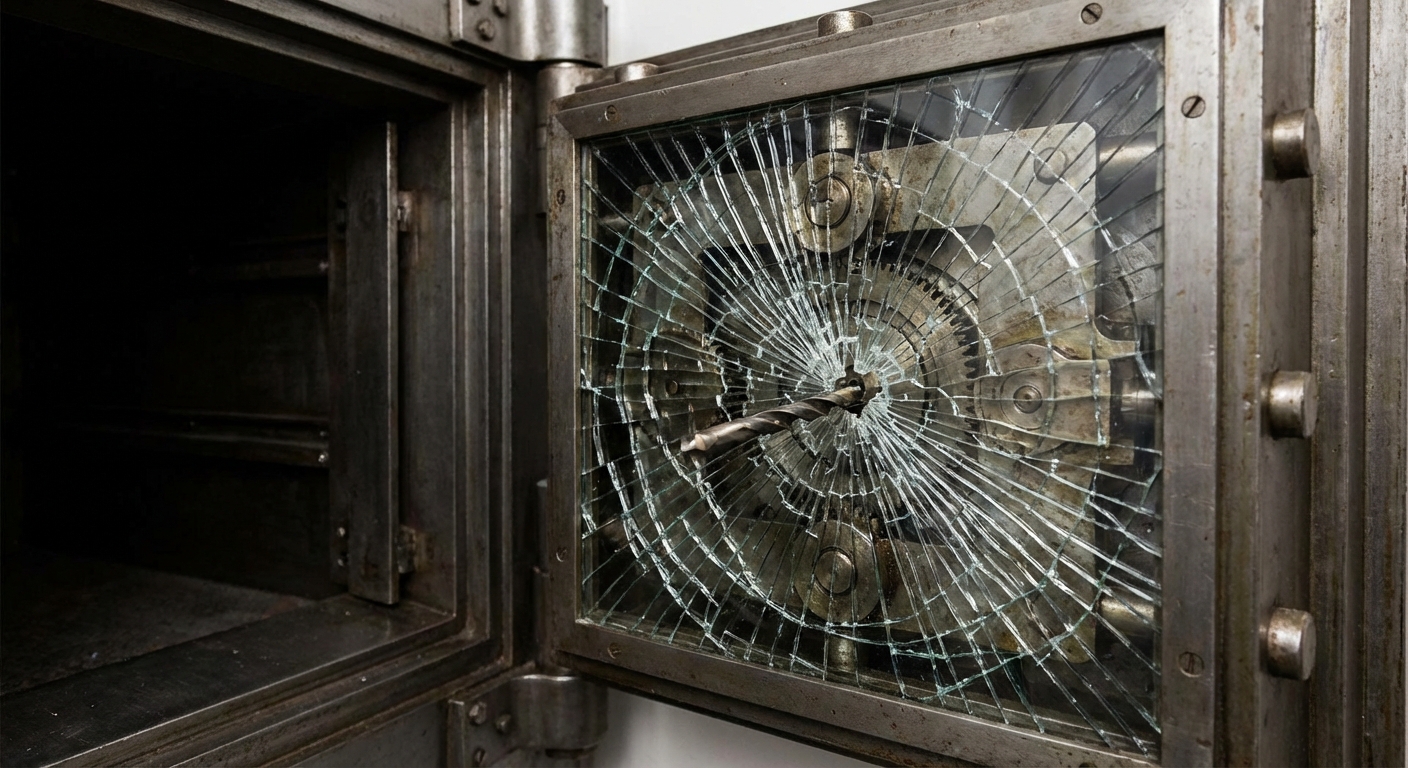 A shattered glass plate relocker mechanism inside a safe door