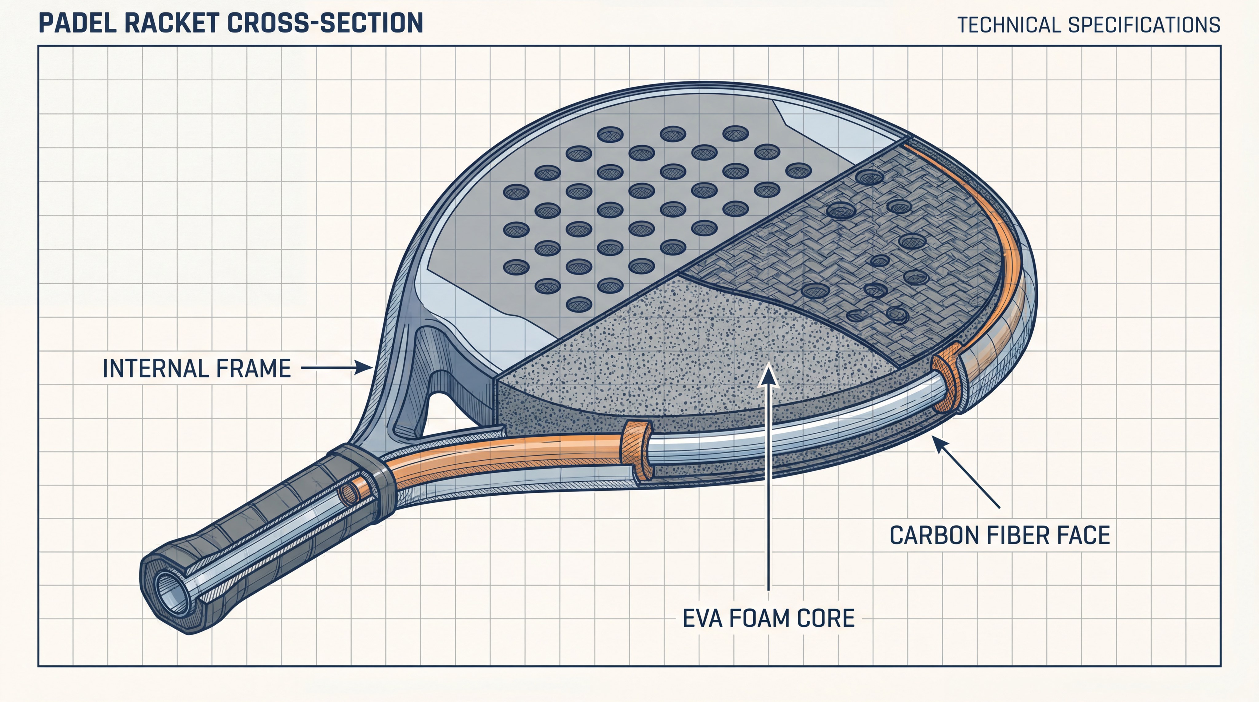 A technical 3D cross-section diagram of a raqueta de padel. It shows the inner EVA foam core, the carbon fiber skin, and an internal tubular frame. Labels point to the density zones of the foam.