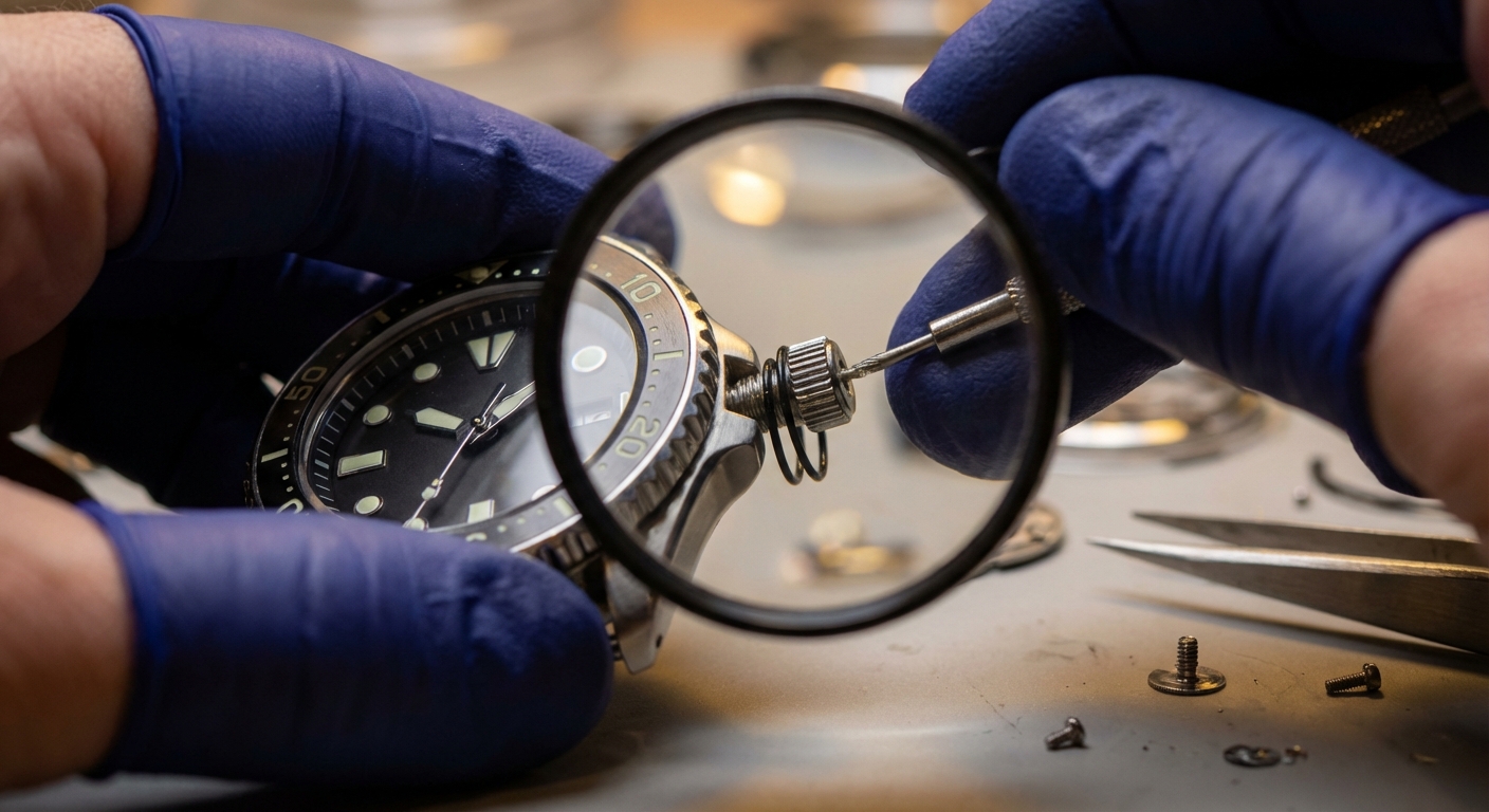 watchmaker crown unscrewing closeup