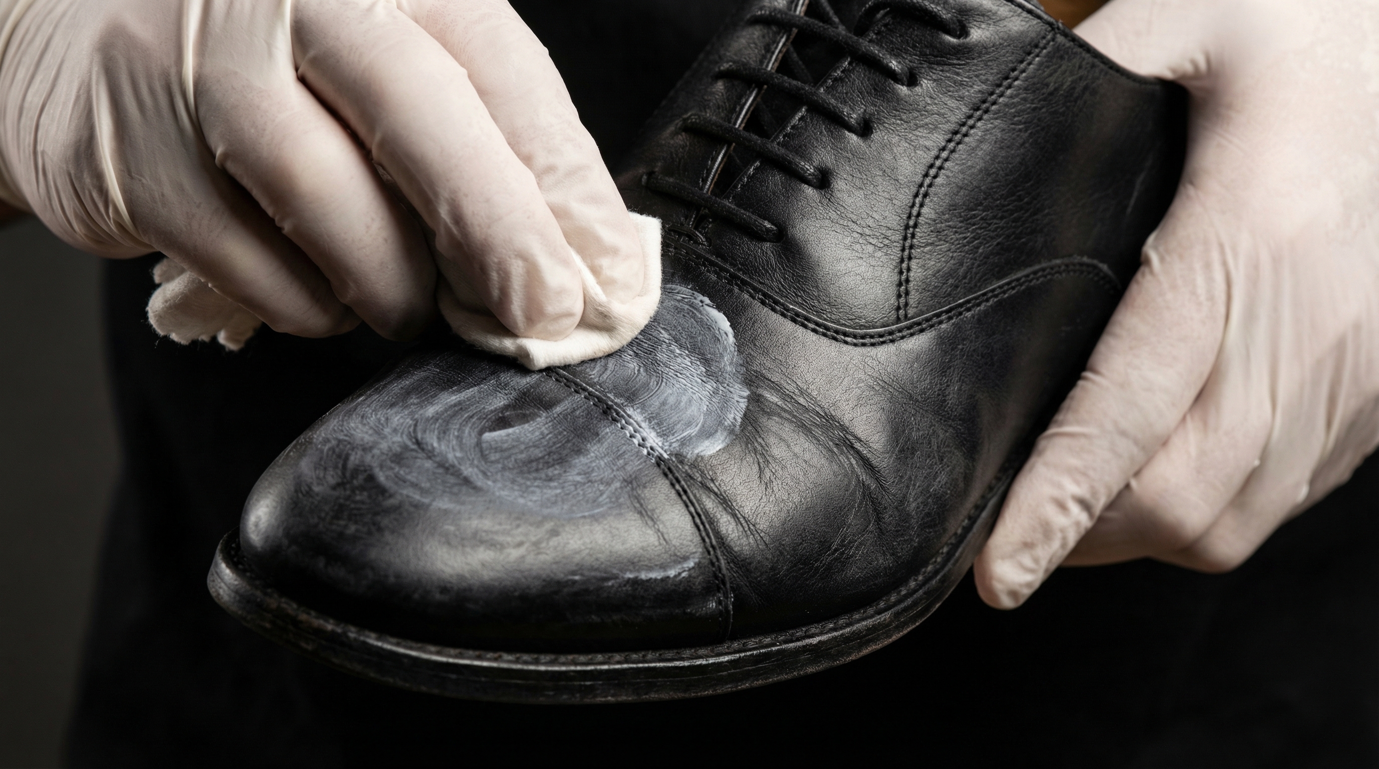Close-up of hands in gloves applying white cream polish in circular motions to a black leather shoe.