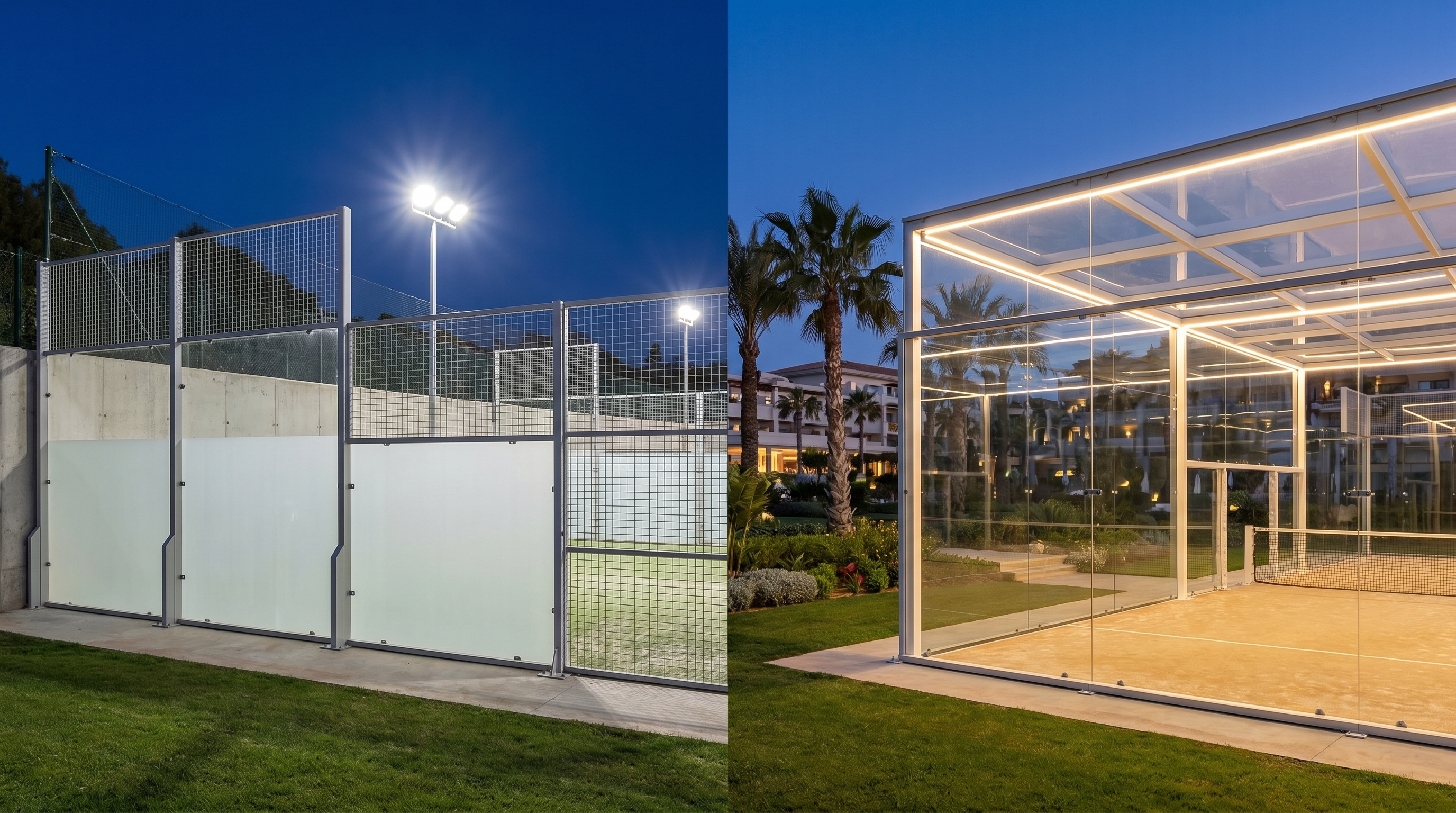 Comparison of a standard padel court and a luxury panoramic glass court.