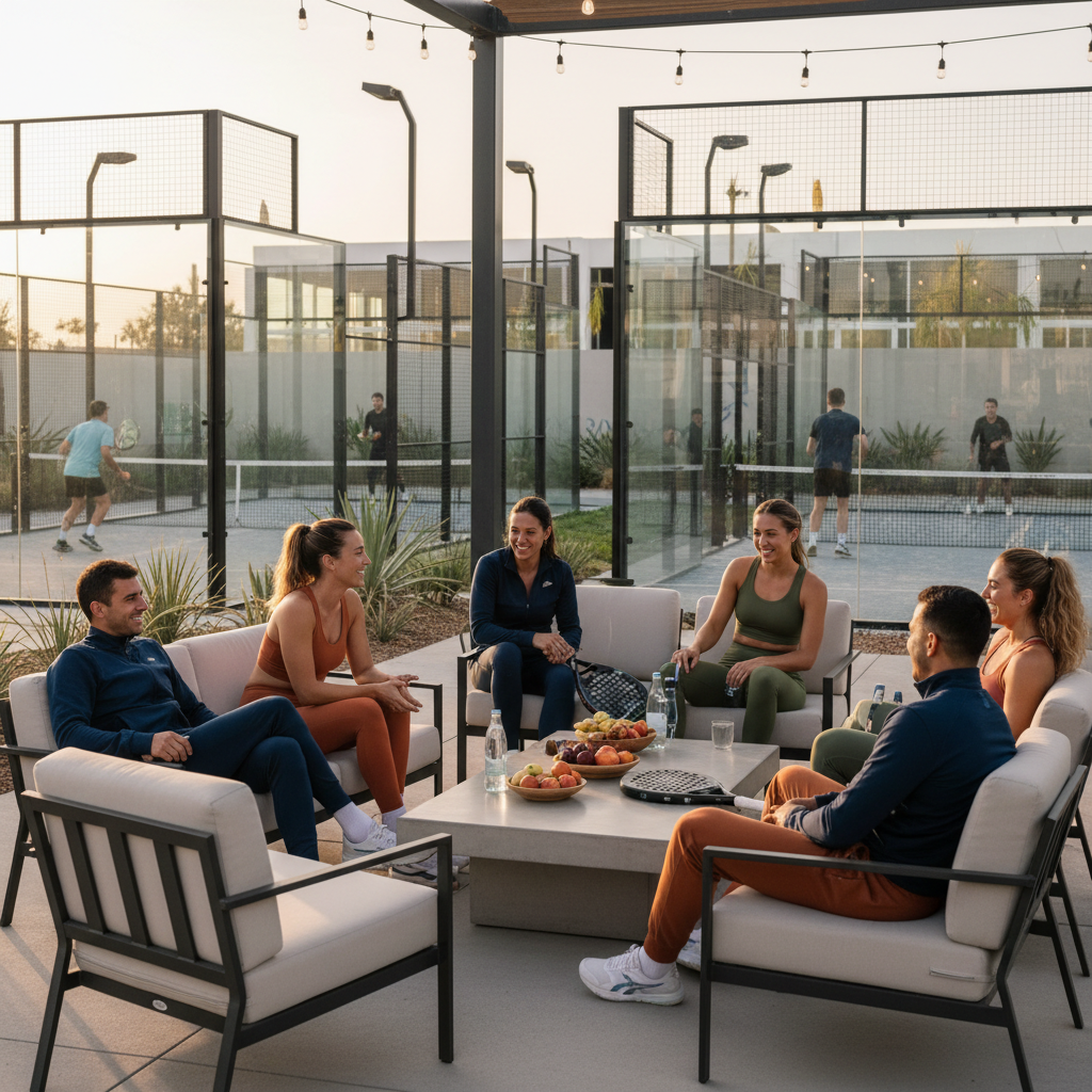 A group of diverse players in stylish athletic wear laughing and talking in a modern outdoor lounge area next to the courts.