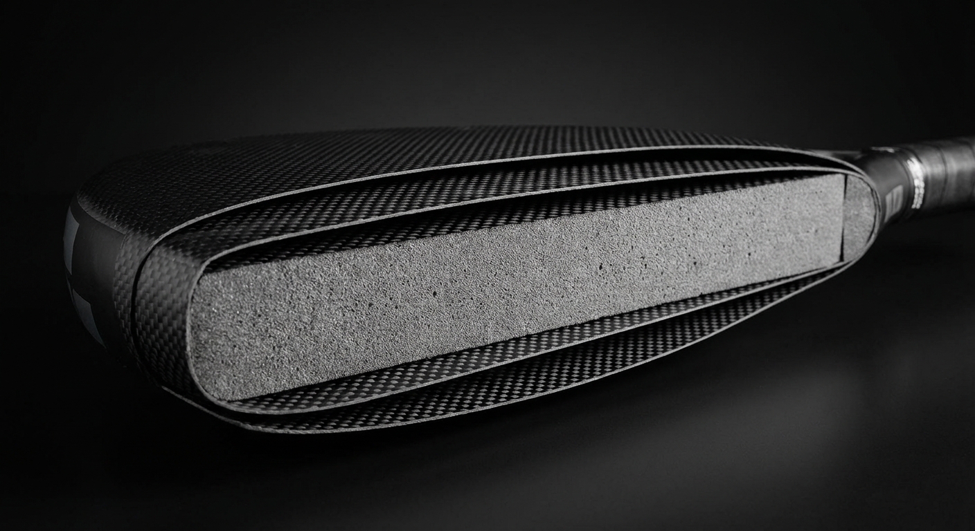 A cutaway view of a padel paddle revealing the porous internal foam core sandwiched between carbon layers.
