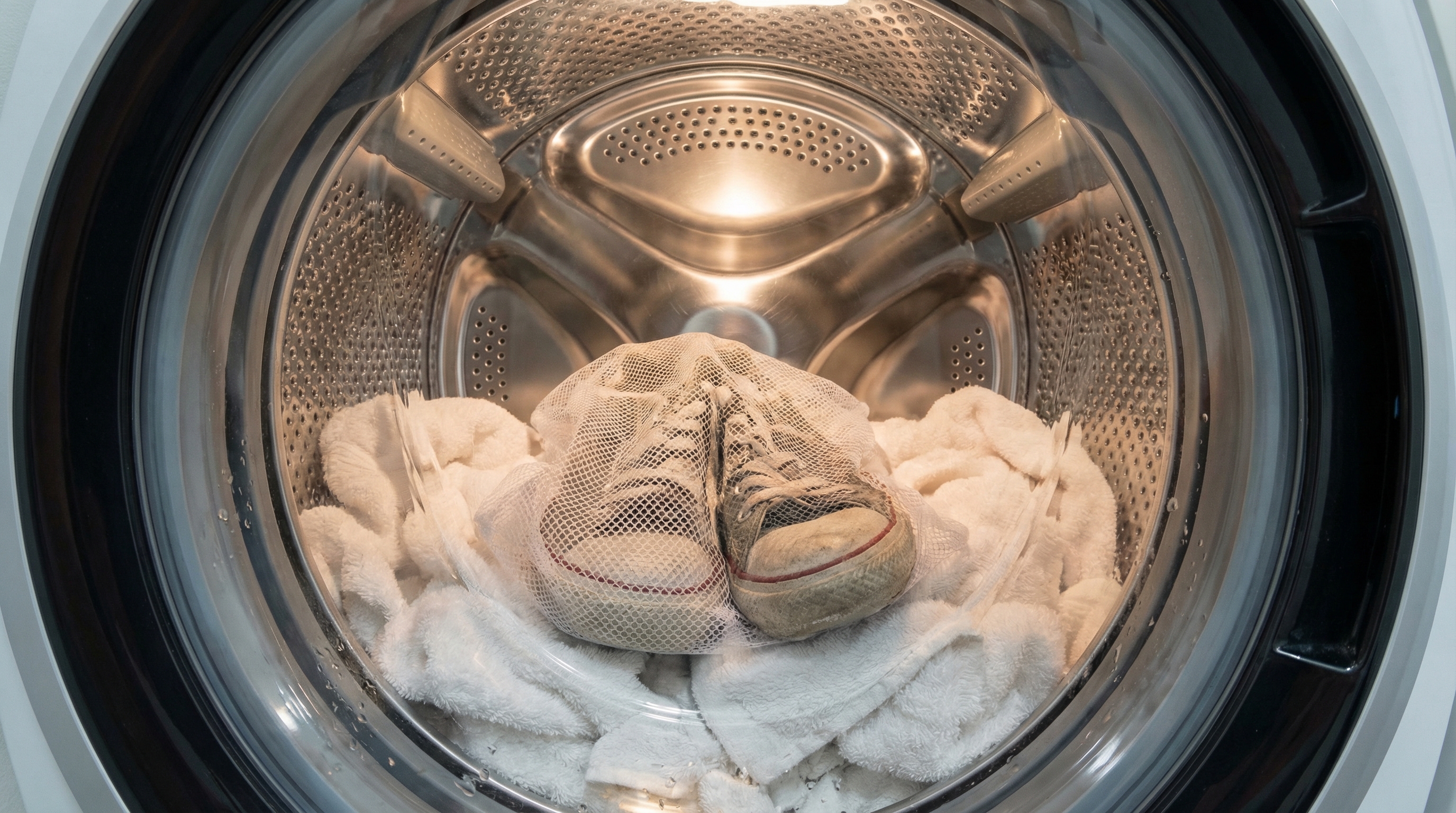 Dirty sneakers inside a mesh laundry bag placed in a washing machine drum with white towels