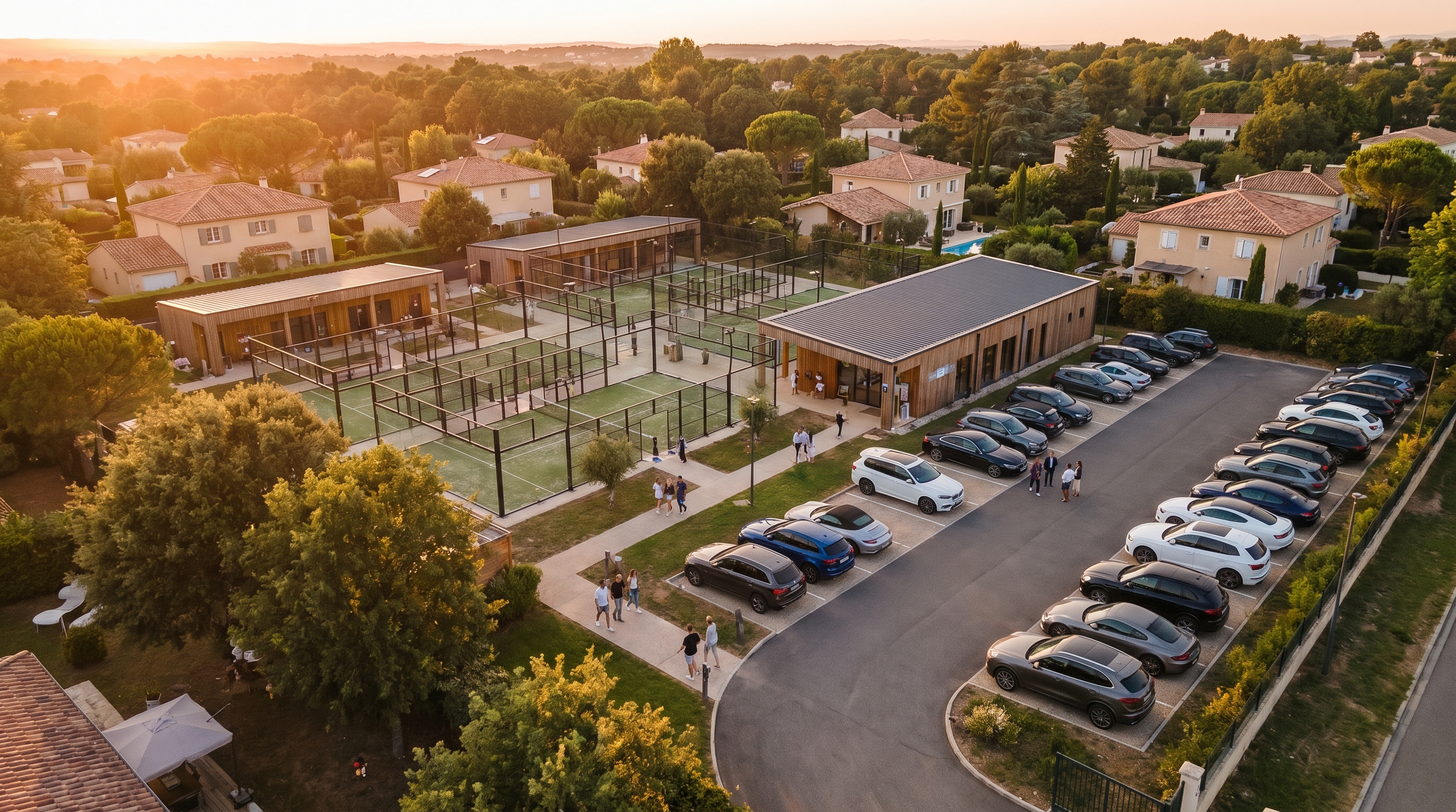 modern padel club integrated into a lush suburban residential area