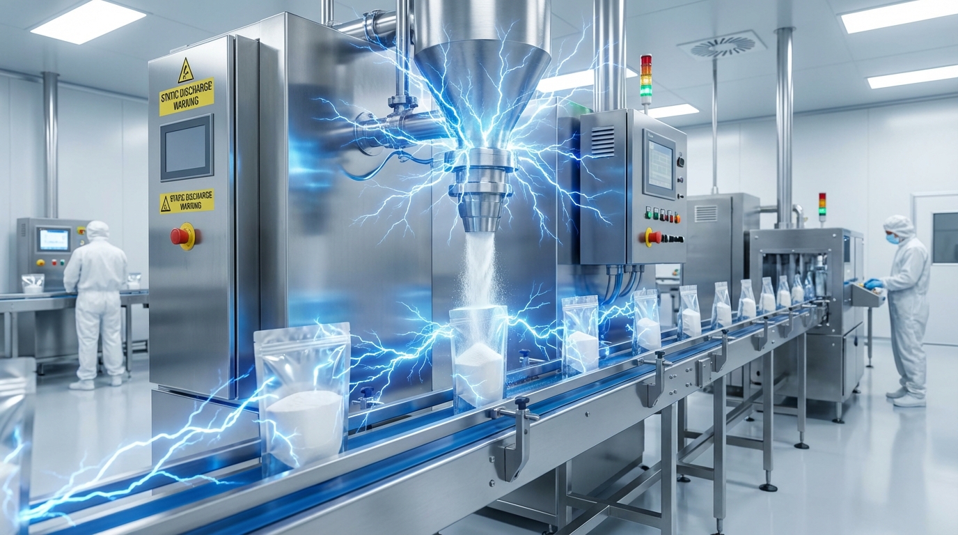 Automatic auger filler equipped with ionizing bars to neutralize static electricity coffee powder