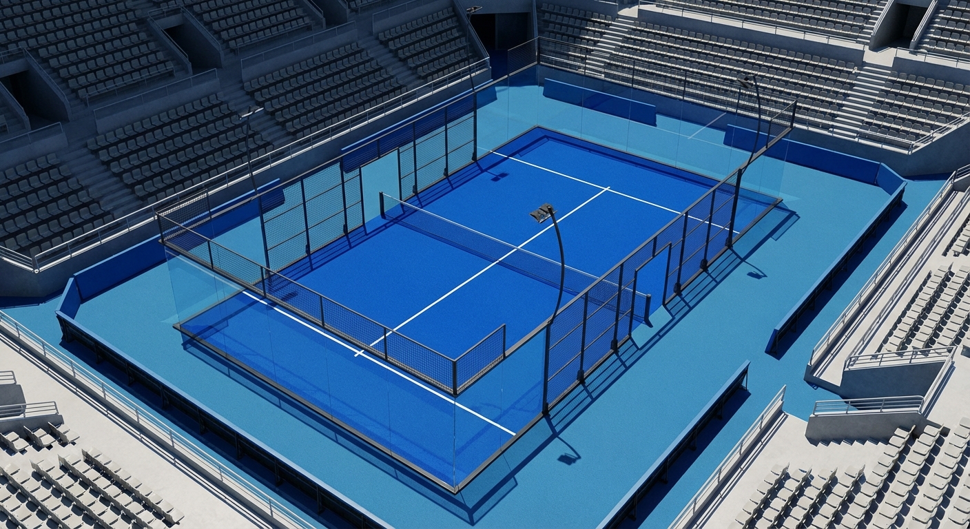 Aerial view of a standard blue-turf doubles padel court with official markings.