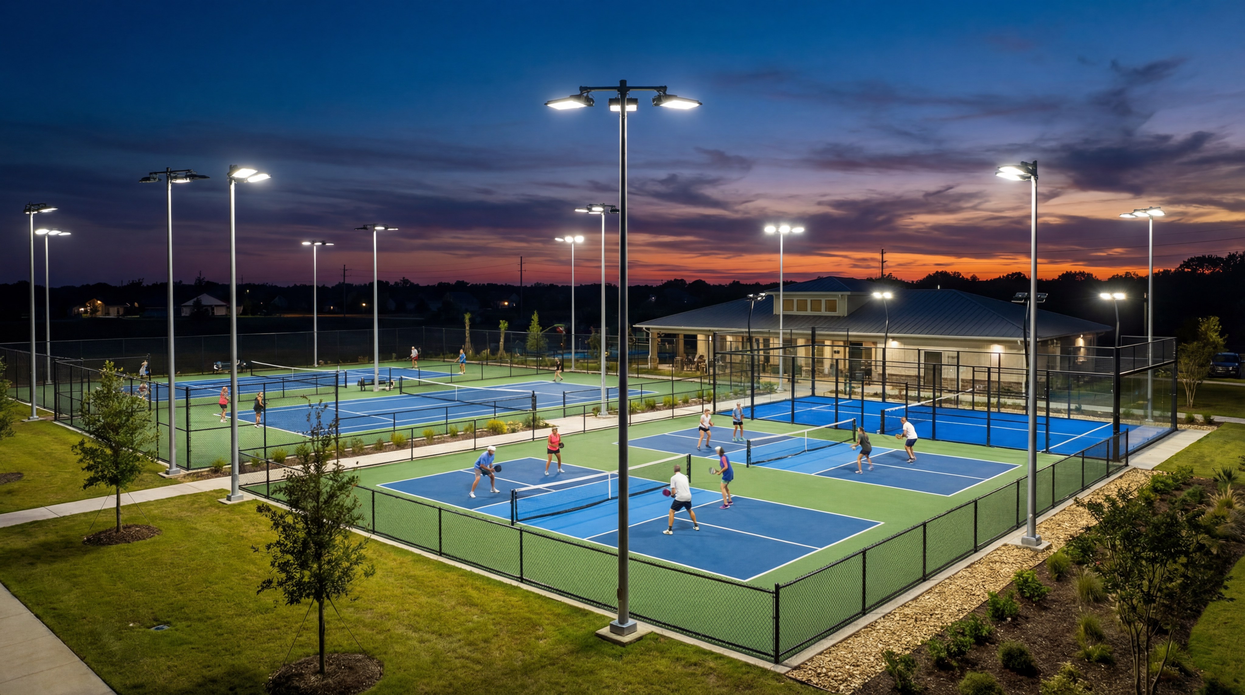 Outdoor sports facility illuminated at dusk showing active players