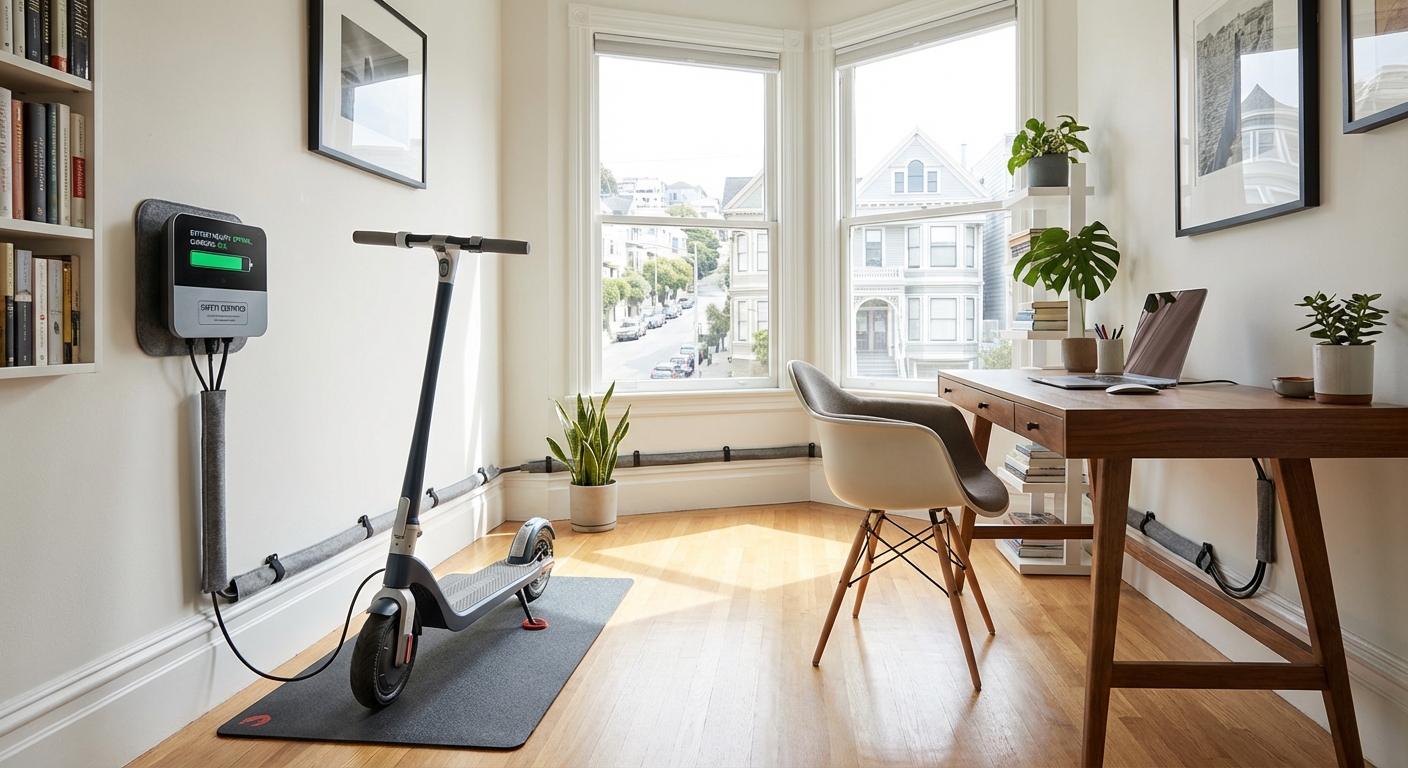 An electric scooter being charged in a clean home office, illustrating the importance of indoor maintenance and storage.