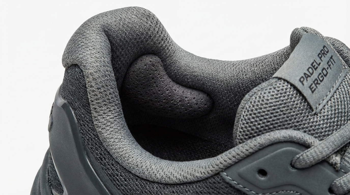 Close-up of a padel shoe heel counter design highlighting stability zones.