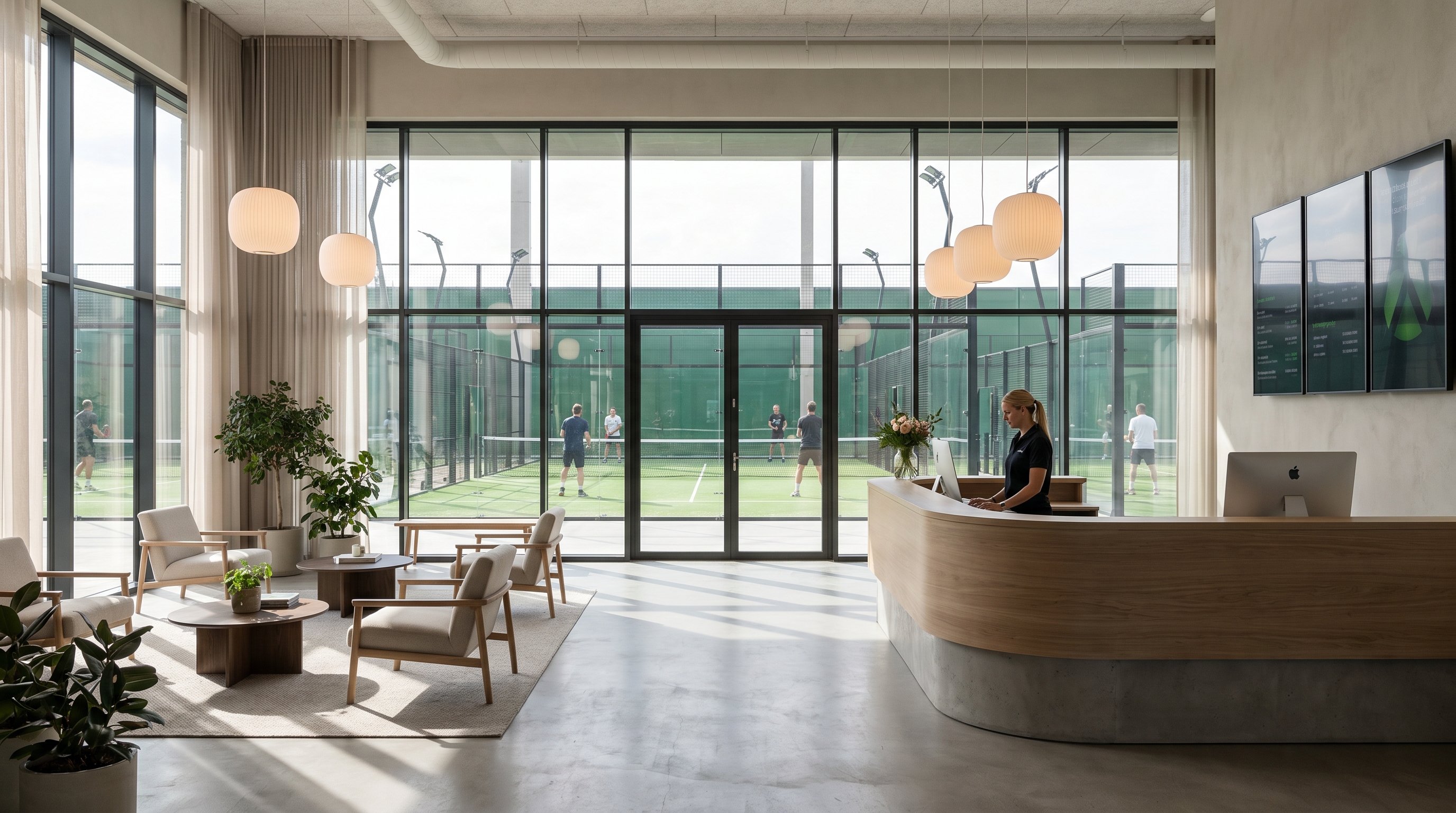 Interior view of a modern padel club lounge and reception.