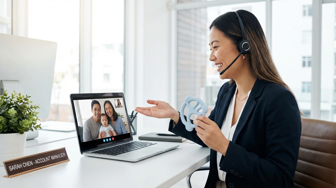A friendly, professional account manager in a modern office having a video consultation with a client, showing a sample product.